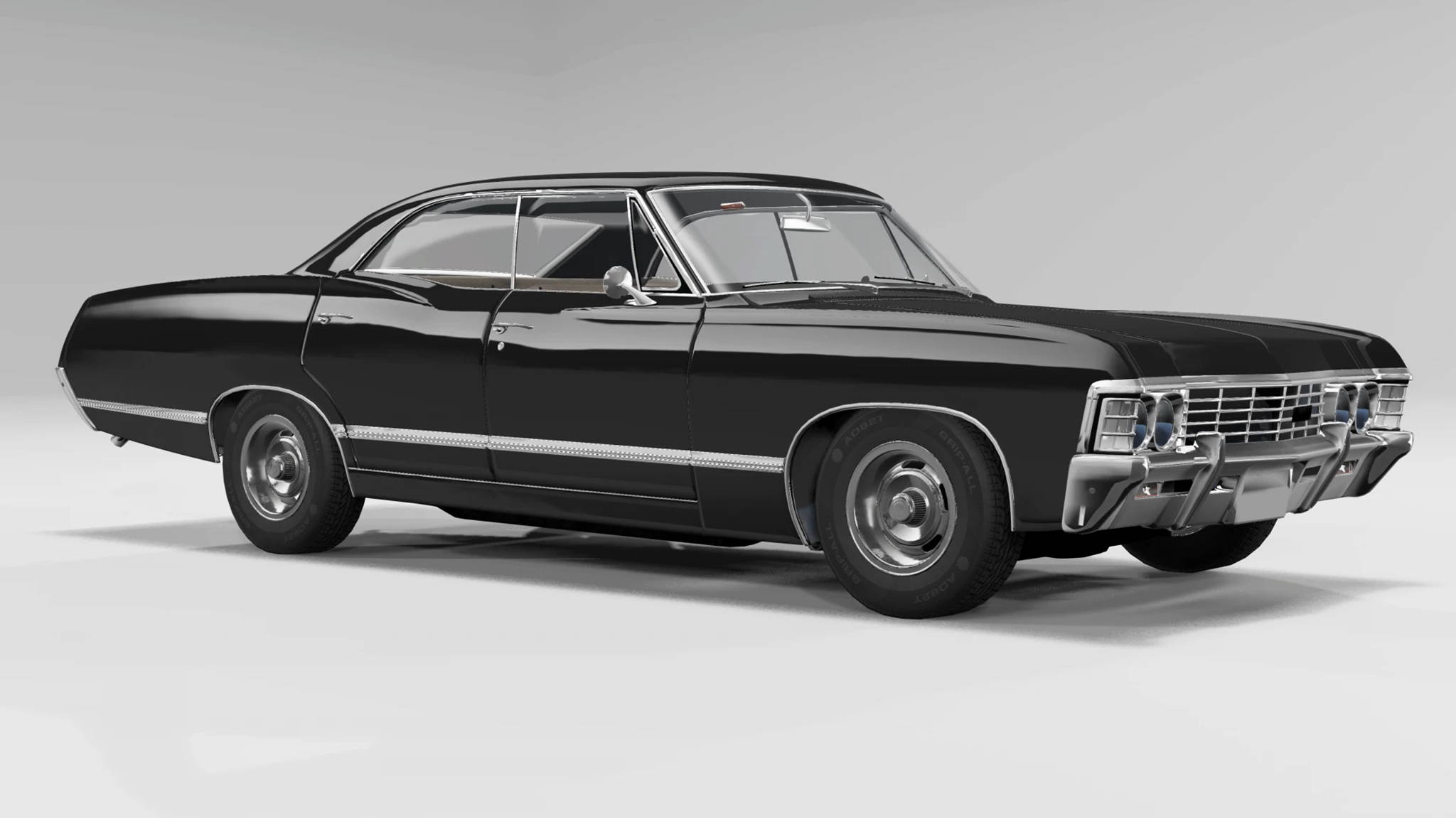 chevrolet impala 1967 桌布 壁紙 — 一輛時尚的黑色經典美國肌肉車，帶有鍍鉻裝飾和白牆輪胎，在中性工作室背景前擺姿勢。
