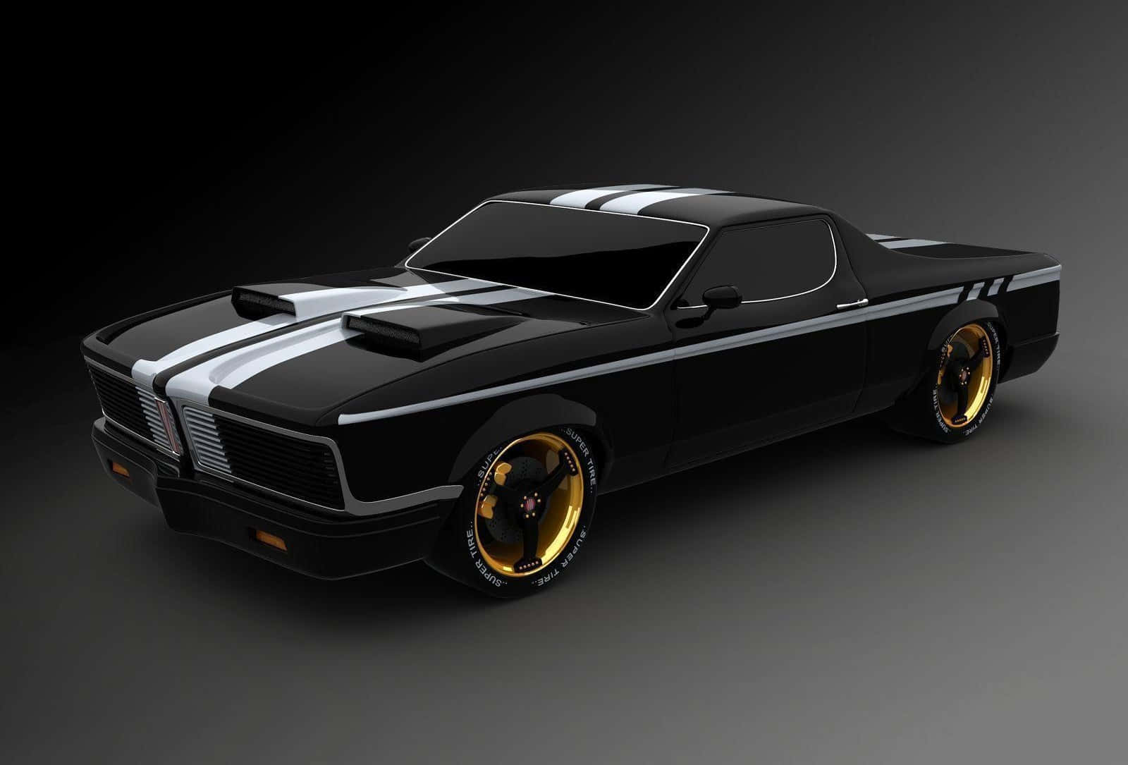 Modified Car 桌布 壁紙 — 一輛時尚的黑色肌肉車，配備金色輪圈和白色賽車條紋，在工作室燈光下閃耀。