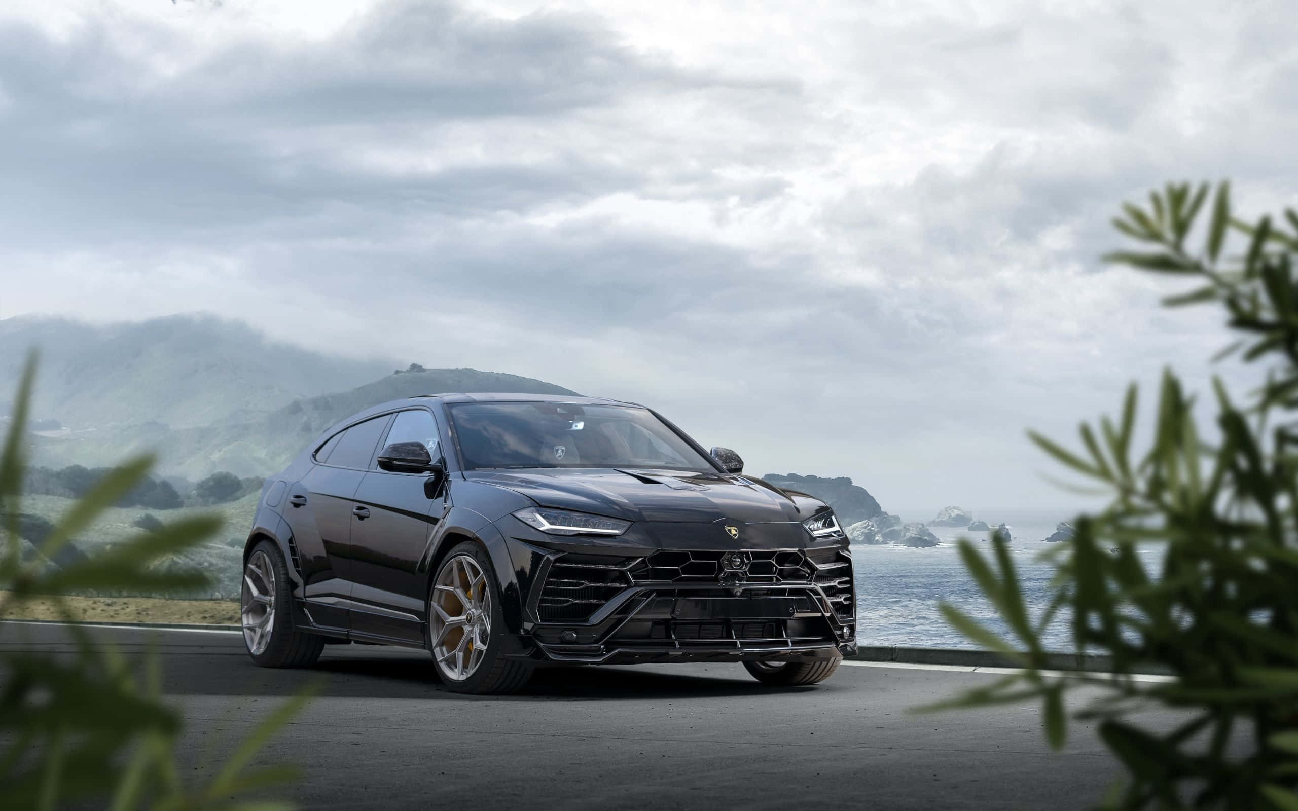 Lamborghini Urus 桌布 壁紙 — 一輛時尚的黑色藍寶堅尼 Urus SUV 停放在沿海公路上，背景是霧濛濛的山脈和海洋，並由綠色樹葉環繞。
