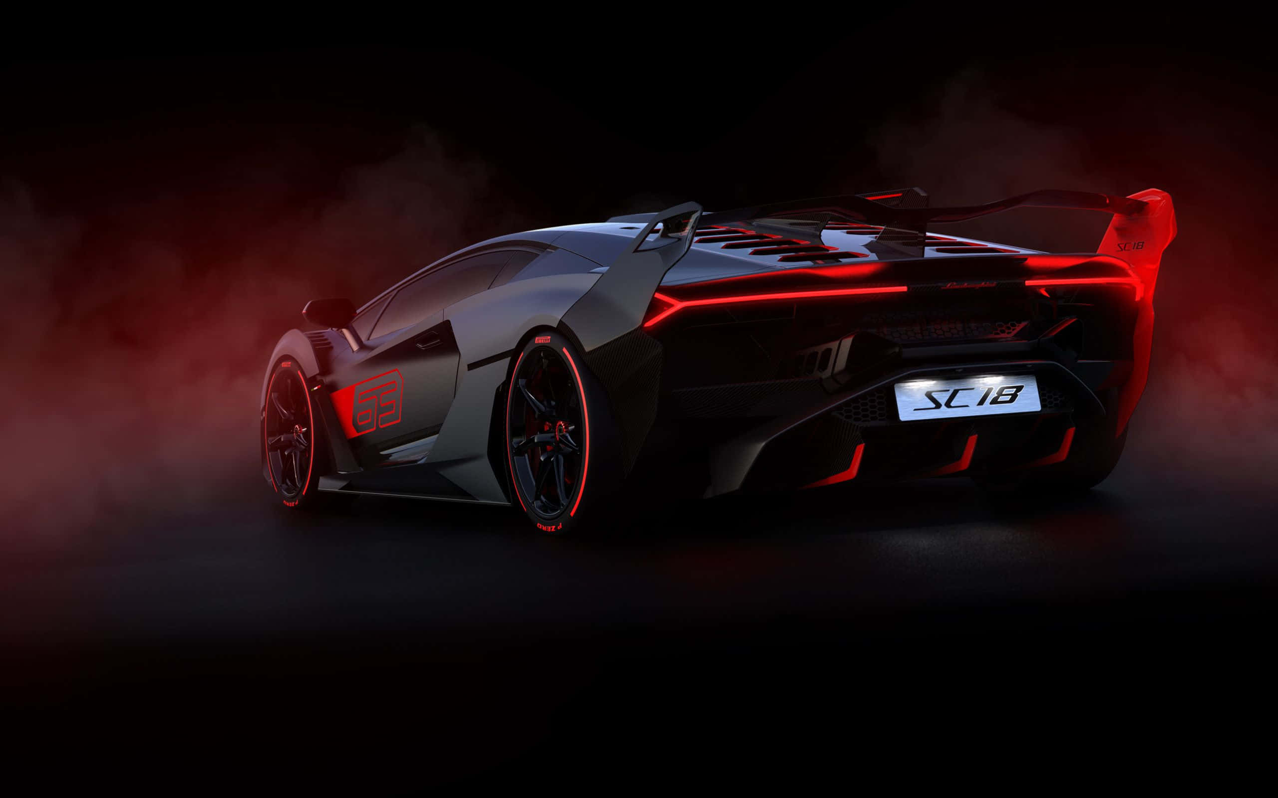 Black Car 4K 桌布 壁紙 — 一輛時尚的黑色藍寶堅尼SC18跑車在煙霧瀰漫的黑暗背景中散發出鮮豔的紅色光芒。