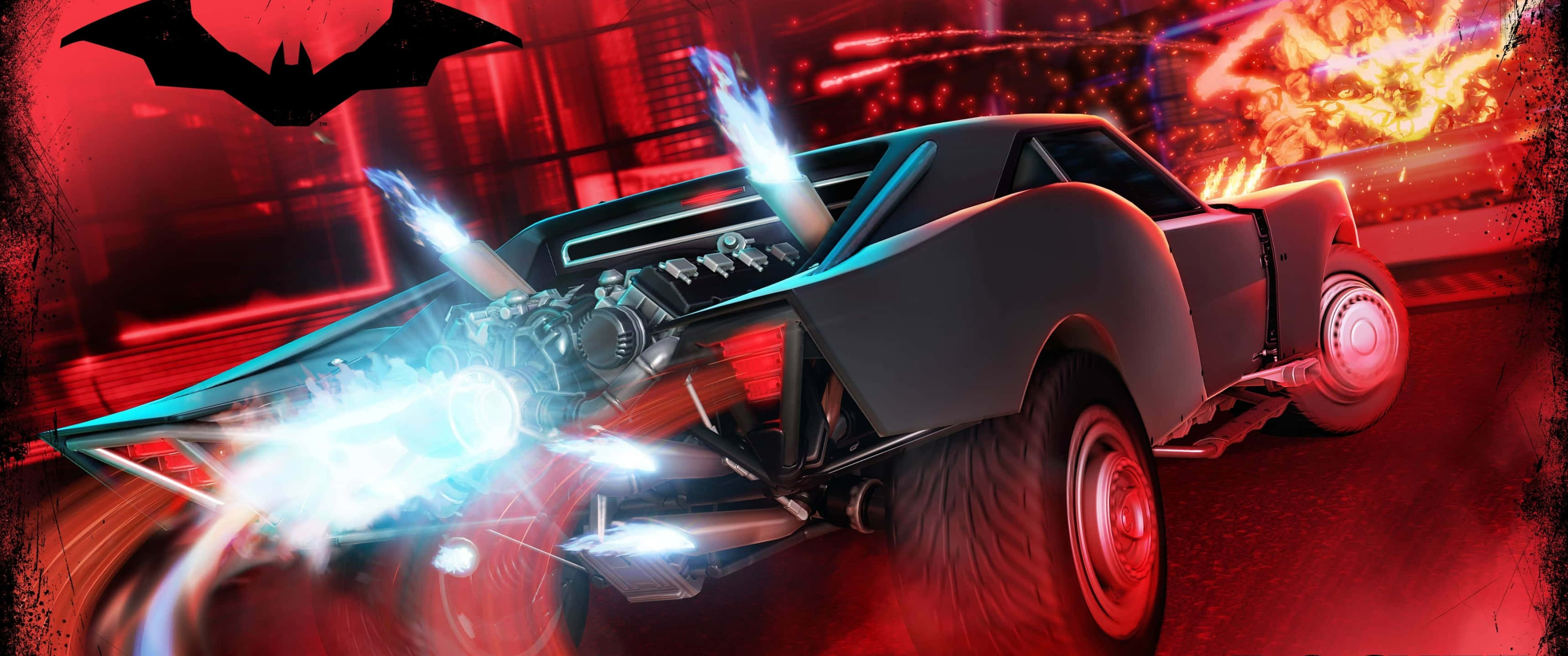 3440x1440p Rocket League 桌布 壁紙 — 一輛時尚的黑色蝙蝠車，帶有發光的藍色引擎，在蝙蝠標誌下穿過火紅色的霓虹城市景觀。