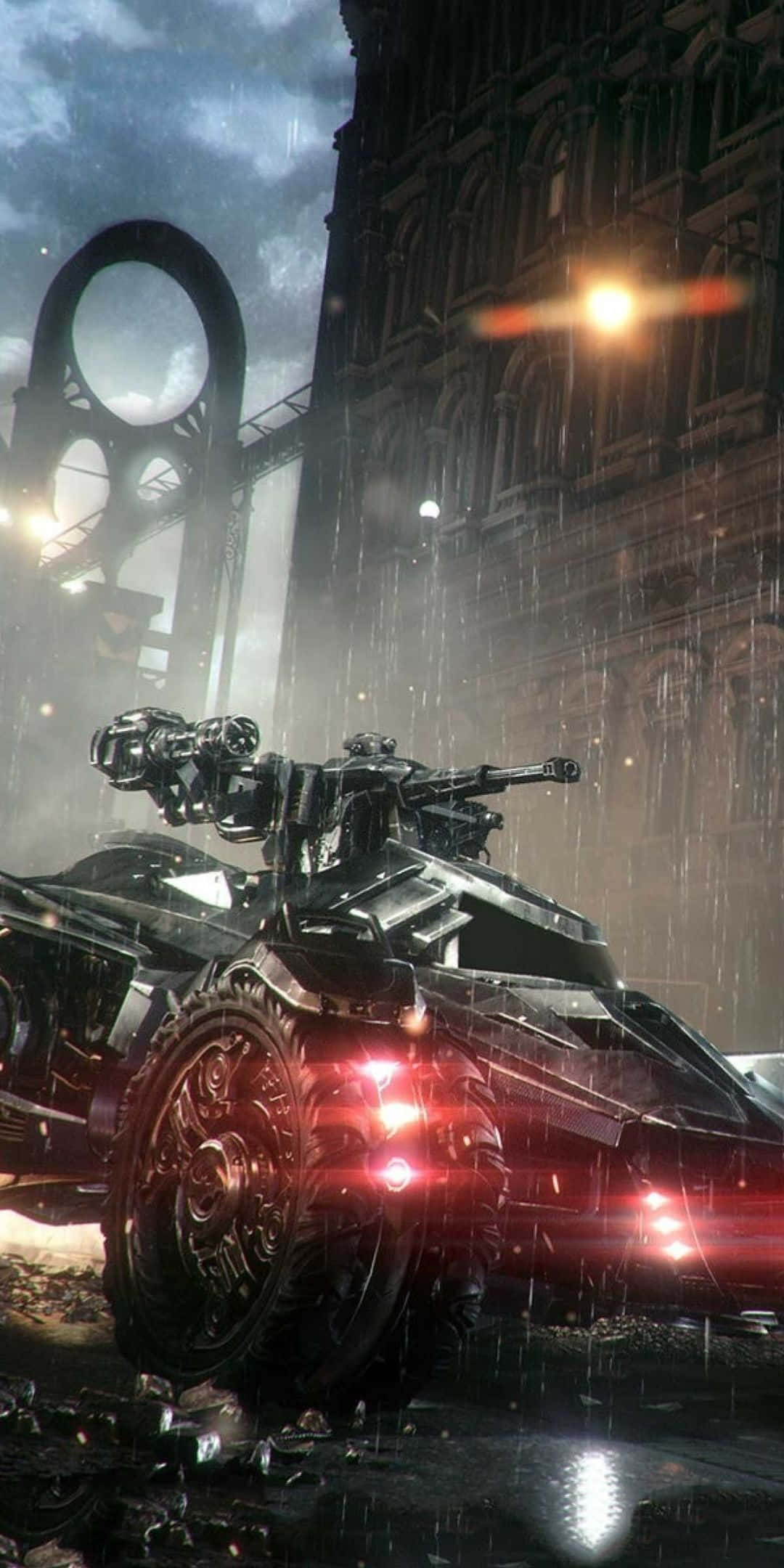 Pixel 3 Batmobile 桌布 壁紙 — 一輛時尚的黑色裝甲車，帶有發光的紅色燈光，在夜晚的雨中霓虹燈城市街道上疾馳。