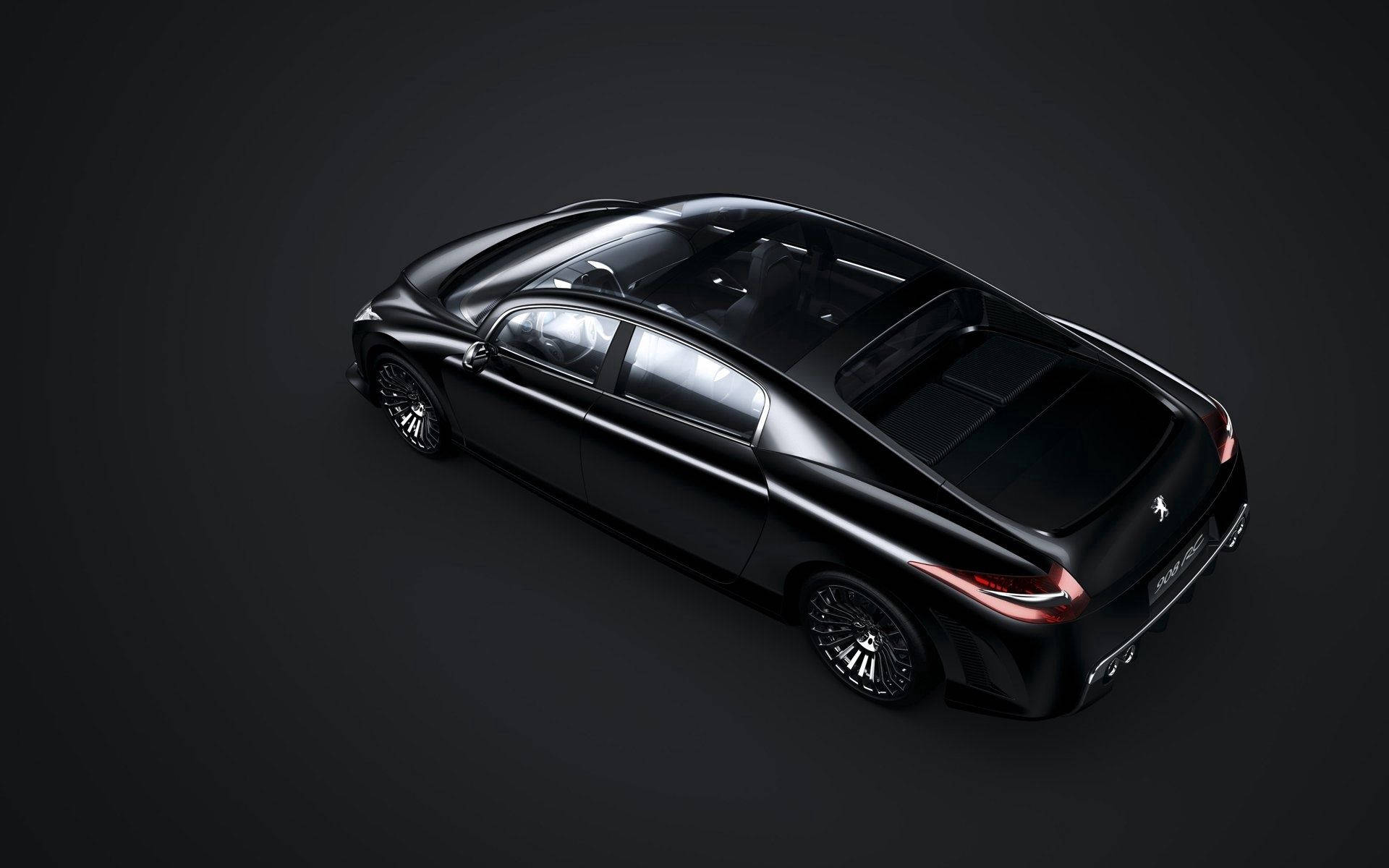 Peugeot 桌布 壁紙 — 一輛時尚的黑色豪華轎車，帶有發光的紅色尾燈，在極簡的黑暗工作室環境中展示。