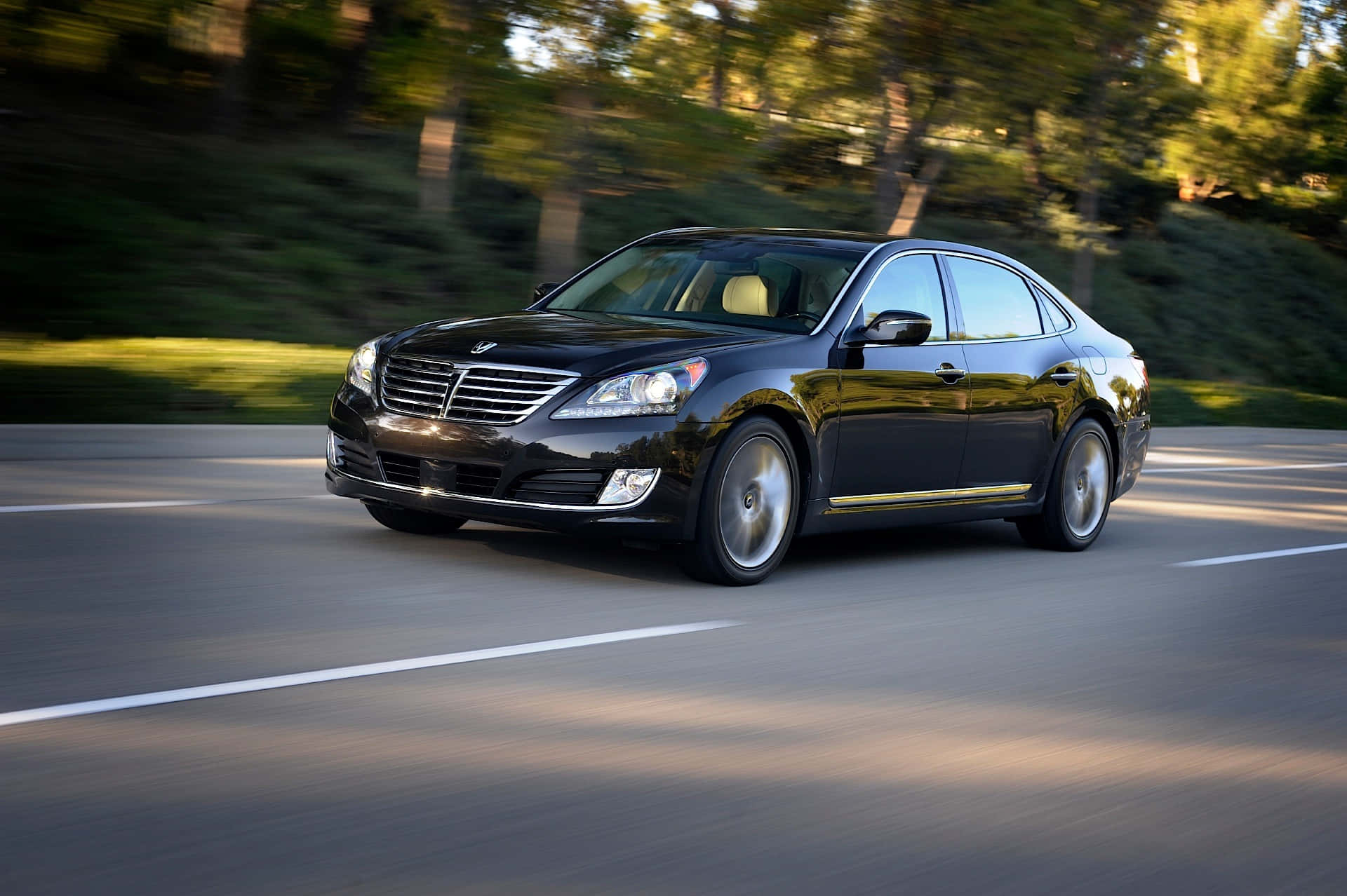 Hyundai Equus 桌布 壁紙 — 一輛時尚的黑色豪華轎車在綠樹成蔭的道路上飛馳，動態模糊傳達出快速移動的感覺。