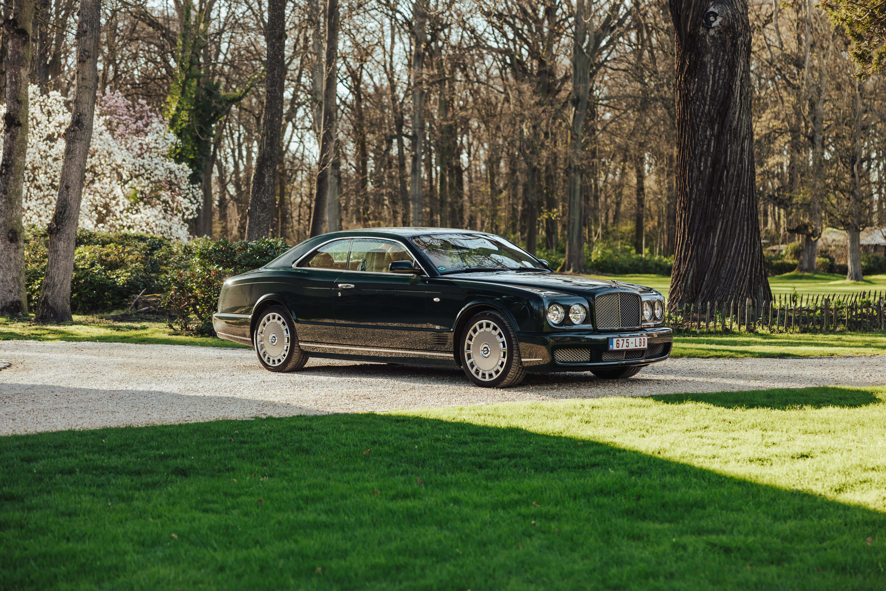Bentley Brooklands 桌布 壁紙 — 一輛時尚的黑色賓利轎跑車沿著陽光普照的碎石路，穿過寧靜的春日森林，兩旁開滿了鮮花盛開的樹木。