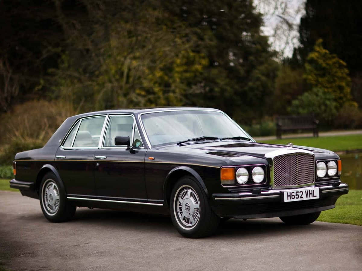 Bentley Eight 桌布 壁紙 — 一輛時尚的黑色賓利轎車停在鋪砌的車道上，背景有茂密的綠樹和長椅。