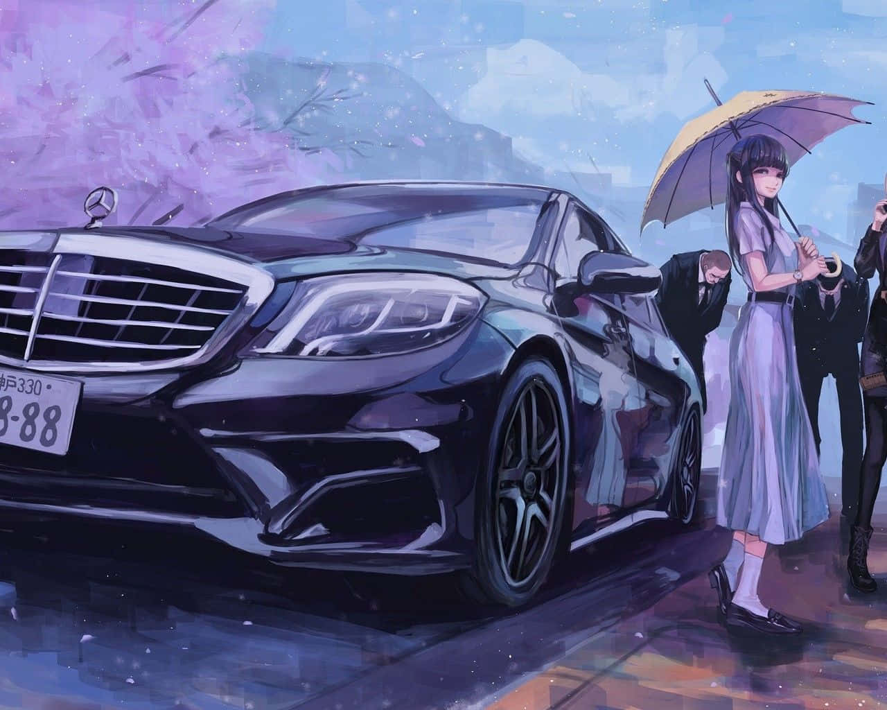 動漫車 桌布 壁紙 — 一輛時尚的黑色賓士轎車在柔和暮色下閃閃發光，一位身穿薰衣草色連衣裙的女子在旁邊撐著傘，背景有櫻花飄落。