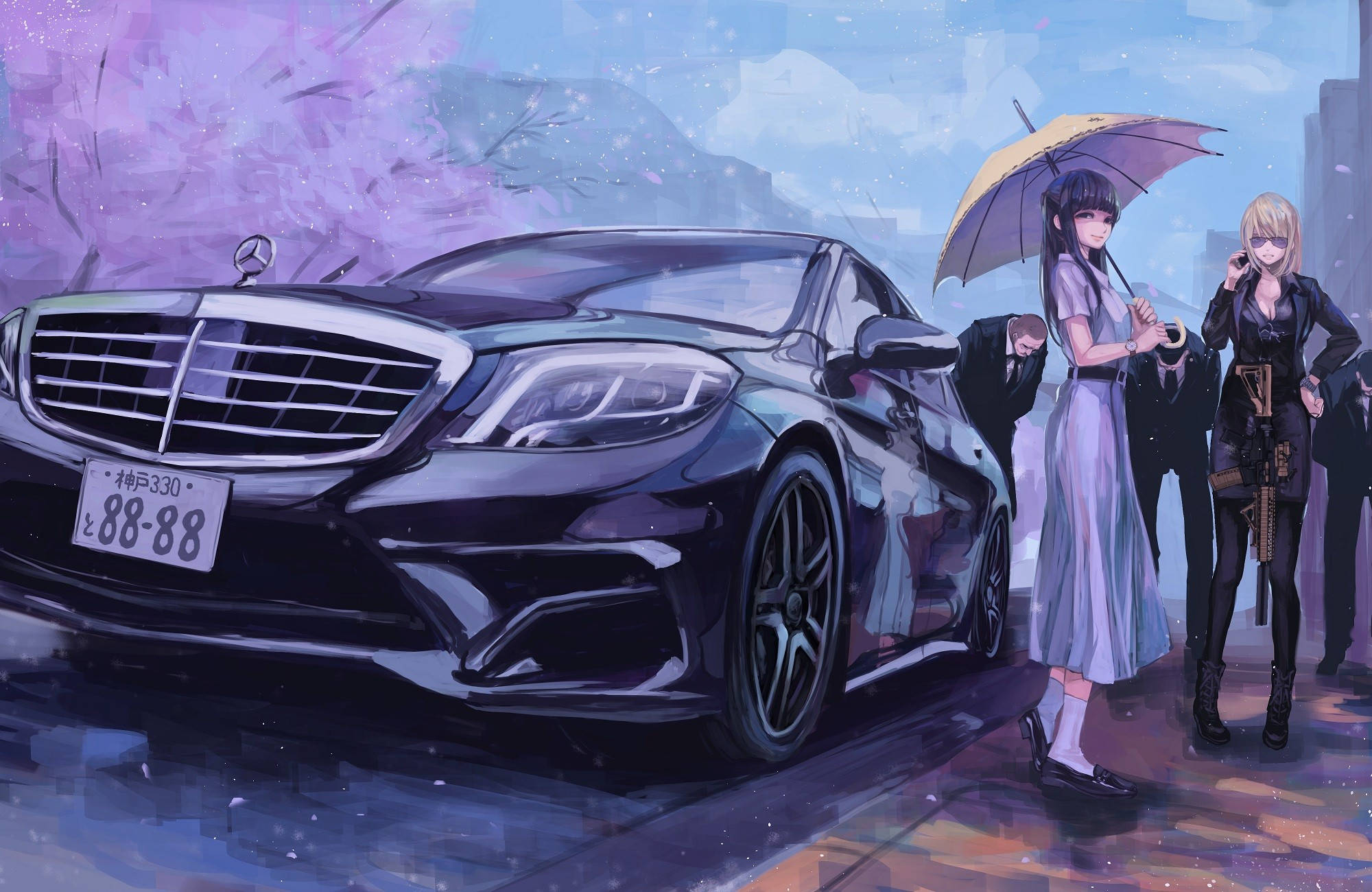 動漫車 桌布 壁紙 — 一輛時尚的黑色賓士轎車在細雨中閃閃發光，兩個動漫女孩站在旁邊，其中一個拿著黃色雨傘。