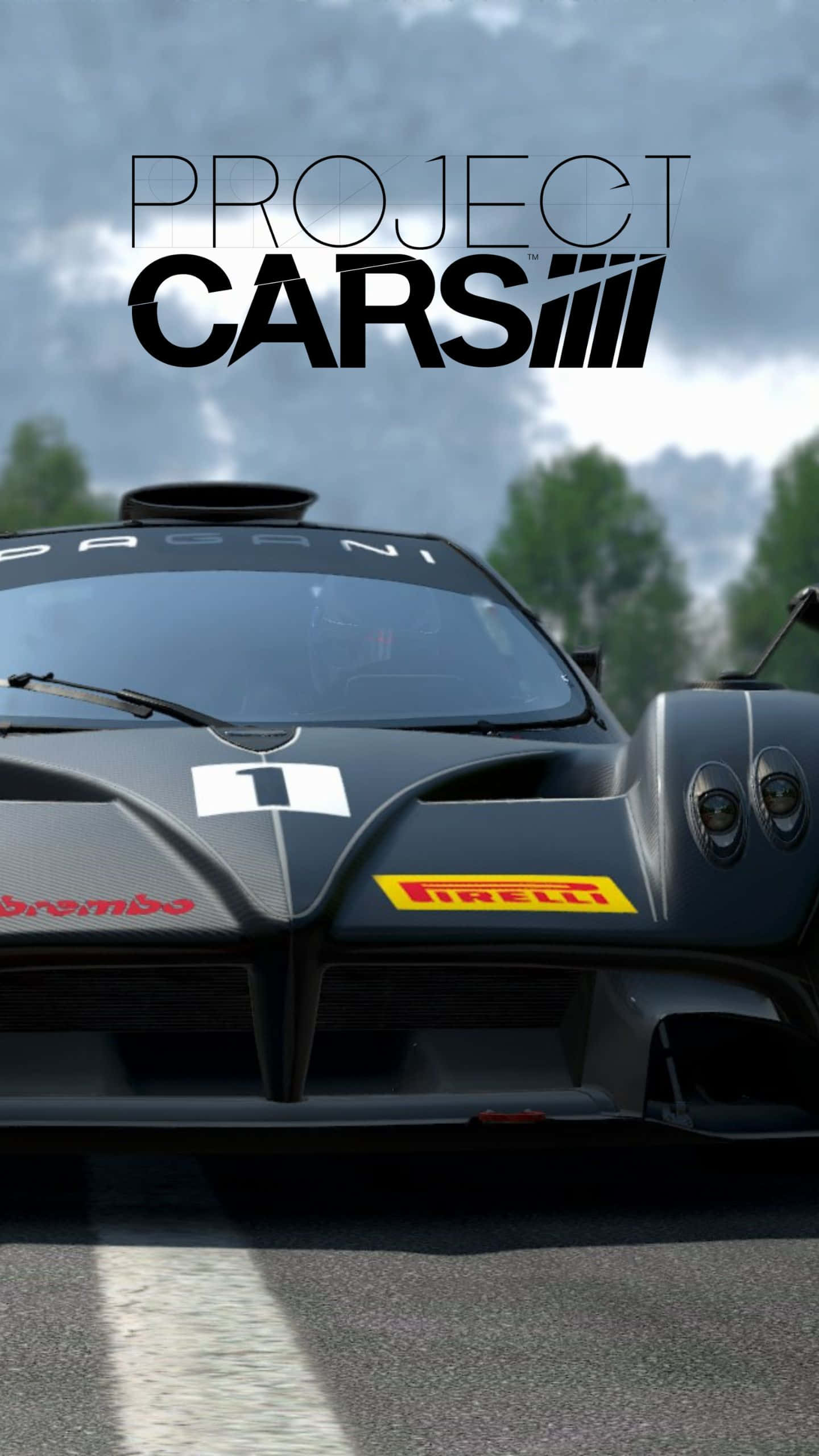Android Project Cars 桌布 壁紙 — 一輛時尚的黑色賽車，帶有數字一和倍耐力品牌，在陰天潮濕的賽道上佔據主導地位。