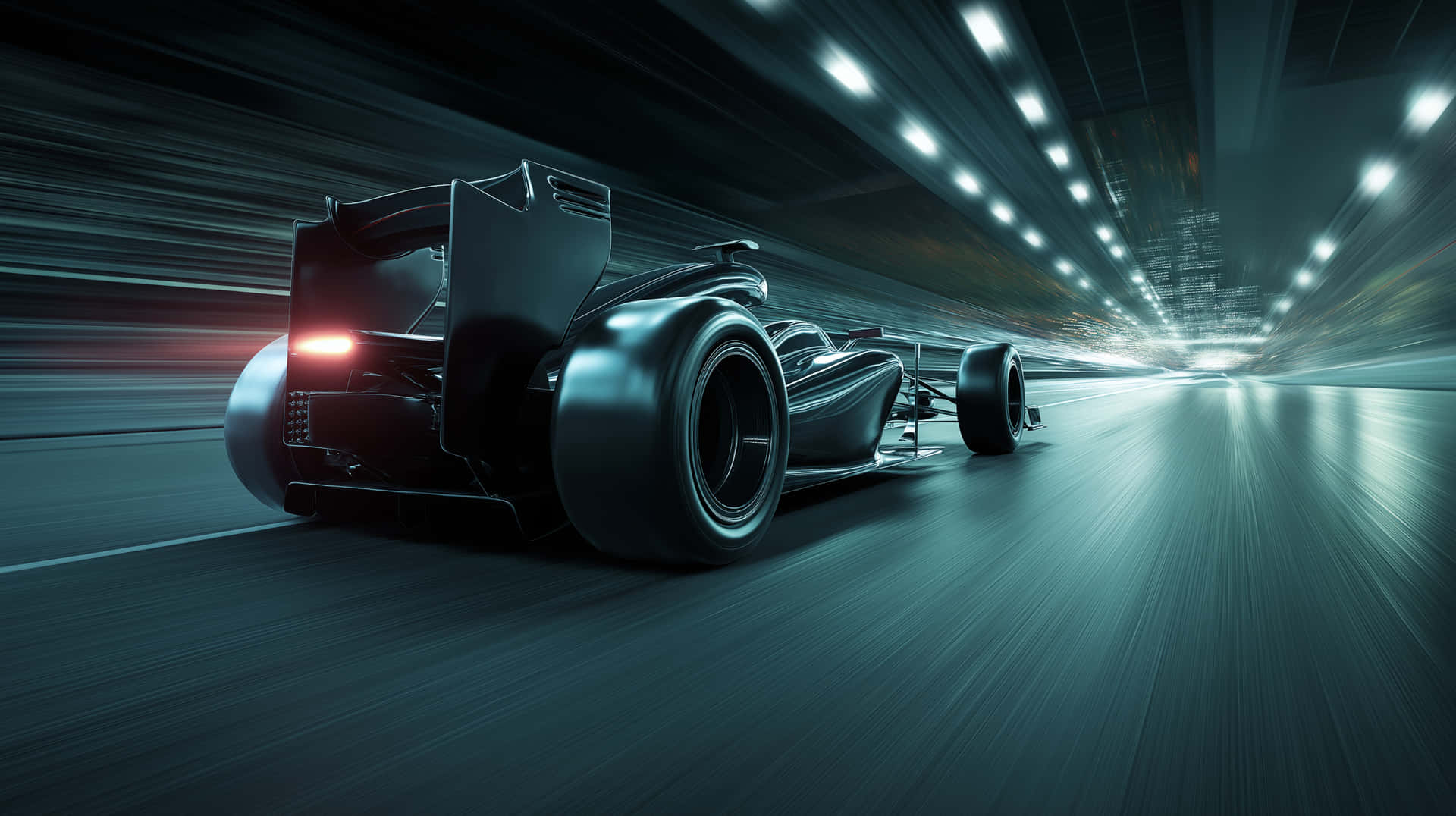Rear View of Race Car in Motion, High Speed Tunnel 壁紙 — 一輛時尚的黑色賽車在未來主義的隧道中疾馳，發光的燈光掠過。