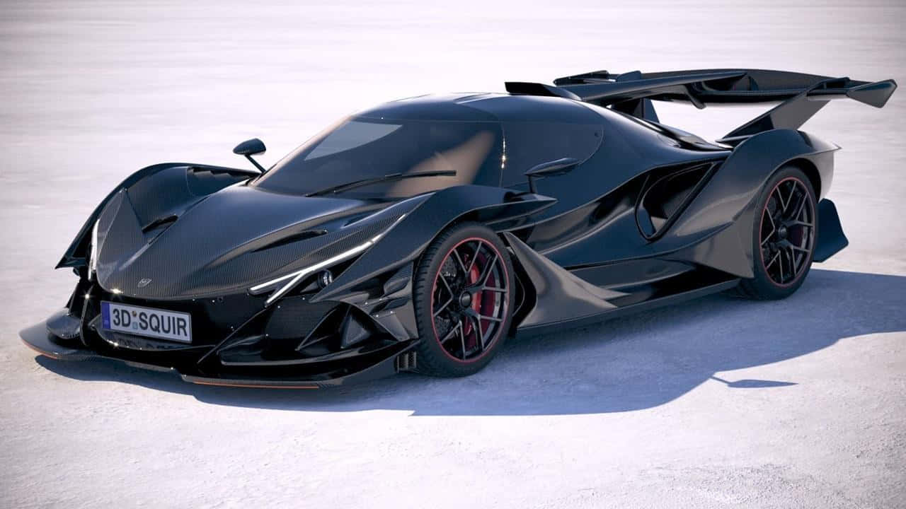 Aston Martin Valkyrie 桌布 壁紙 — 一輛時尚的黑色超級跑車配備紅色制動卡鉗，在明亮的日光下停放在雪地上。