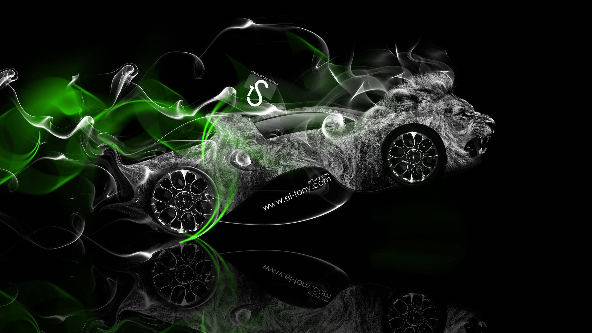 Smoke HD 桌布 壁紙 — 一輛時尚的黑色跑車，帶有咆哮的獅頭和綠色煙霧痕跡，在黑暗的反射表面上發光。