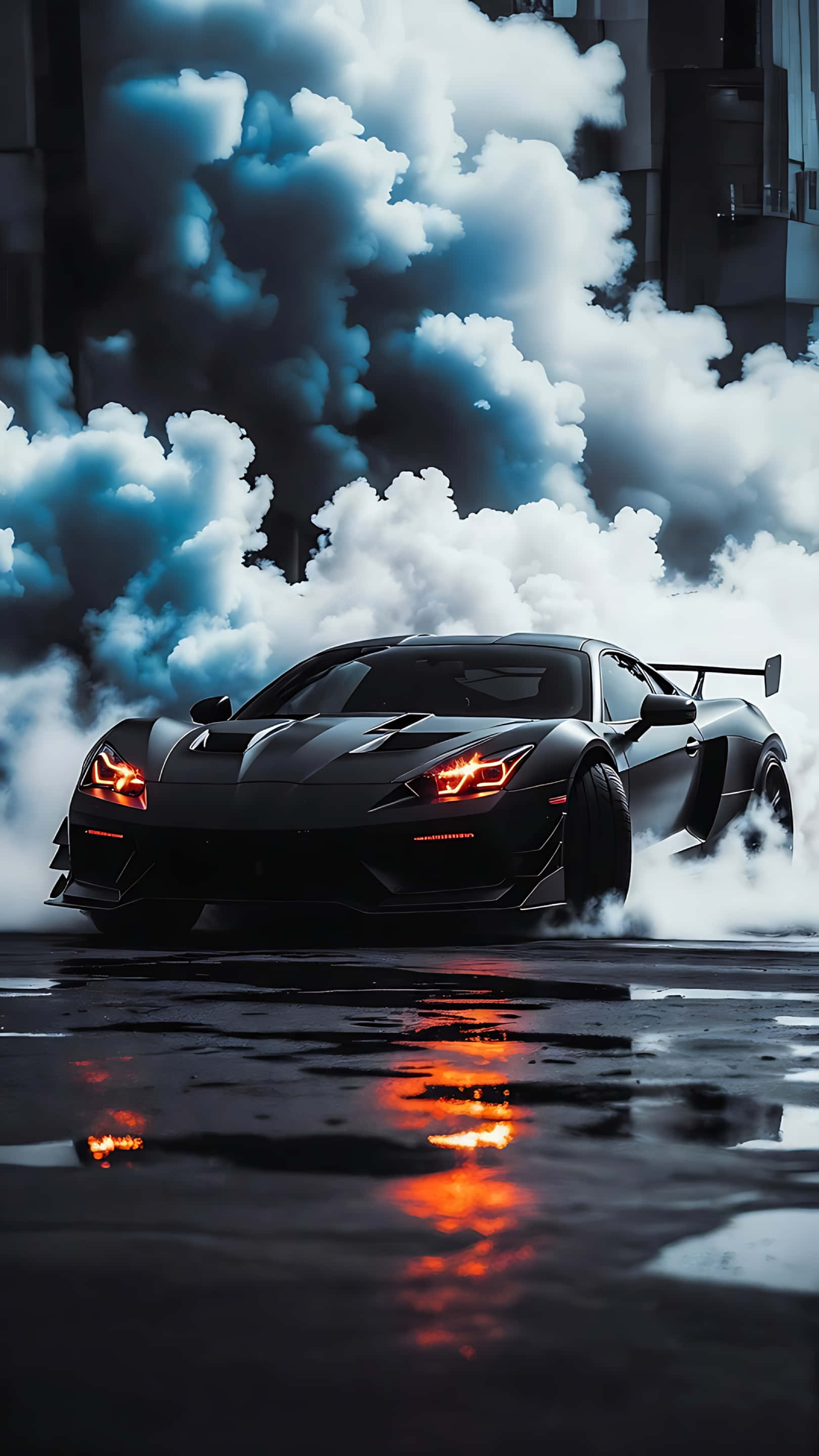 Supercar 桌布 壁紙 — 一輛時尚的黑色跑車，帶有發光的橙色車頭燈，在暴風雨的天空下，在潮濕的城市街道上，穿過旋轉的白煙飄移。