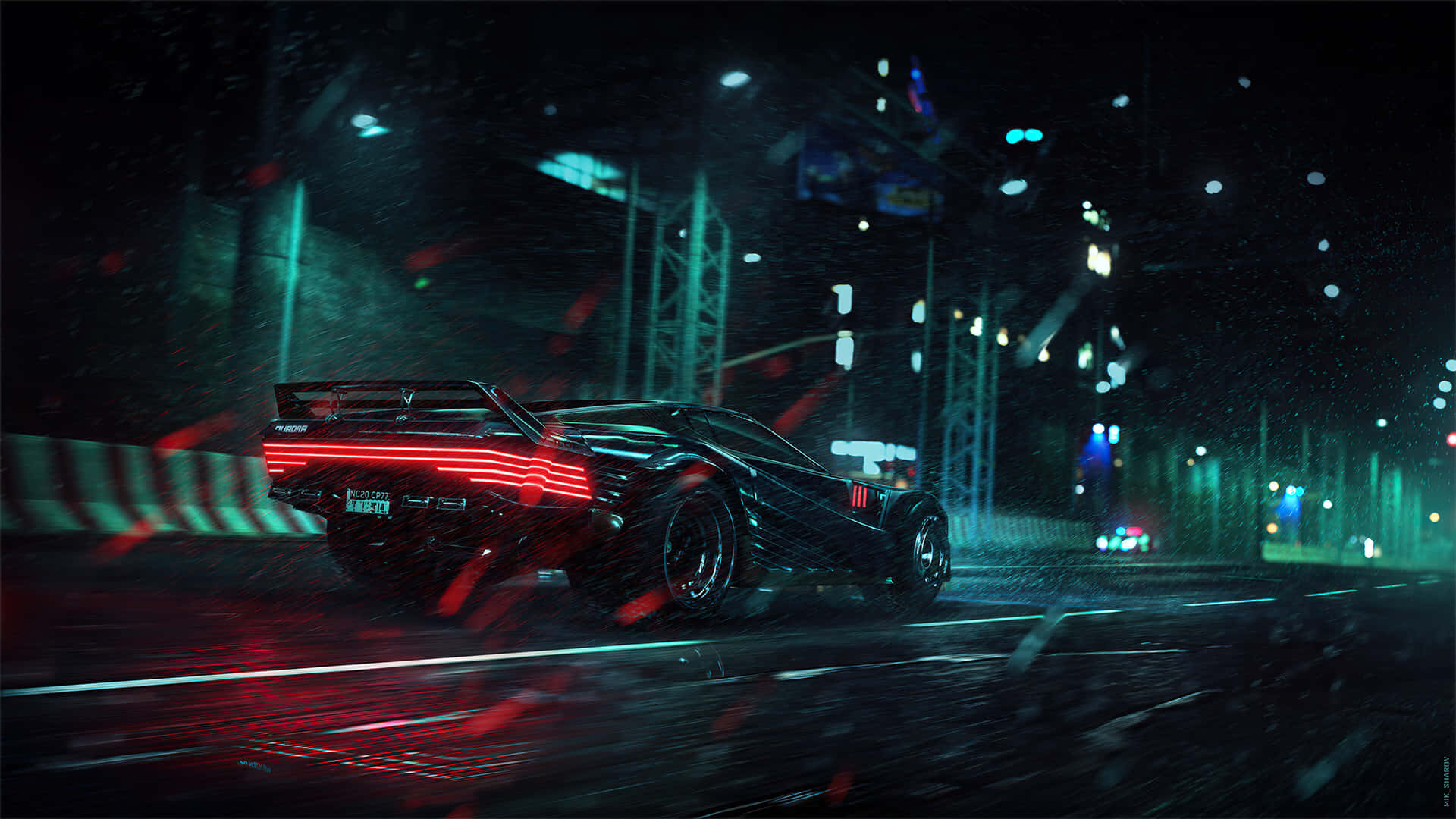 1080p Cyberpunk 2077 桌布 壁紙 — 一輛時尚的黑色跑車，帶有發光的紅色尾燈，在雨濕的霓虹燈城市夜街上飛馳。