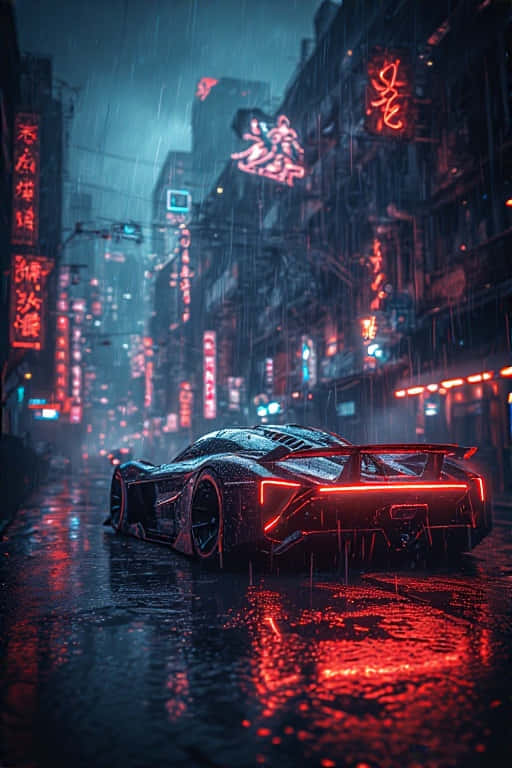 Cyberpunk Supercar in Neon Rainy Alley Futuristic 4K 壁紙 — 一輛時尚的黑色跑車，帶有發光的紅色尾燈，在夜晚行駛在雨水浸濕、霓虹燈閃爍的賽博朋克城市街道上。