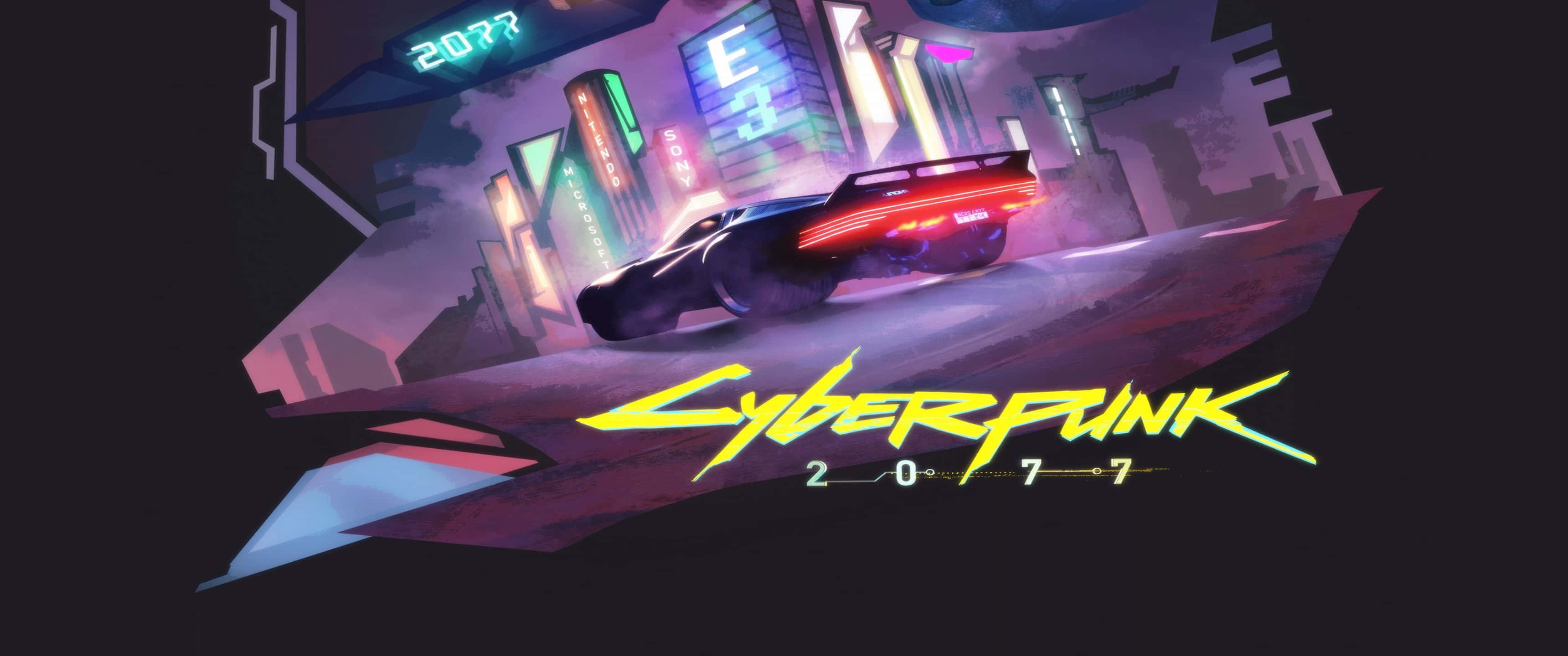 電馭叛客2077 桌布 壁紙 — 一輛時尚的黑色跑車，帶有發光的紅色尾燈，在夜晚穿過霓虹燈閃爍的賽博龐克城市景觀。
