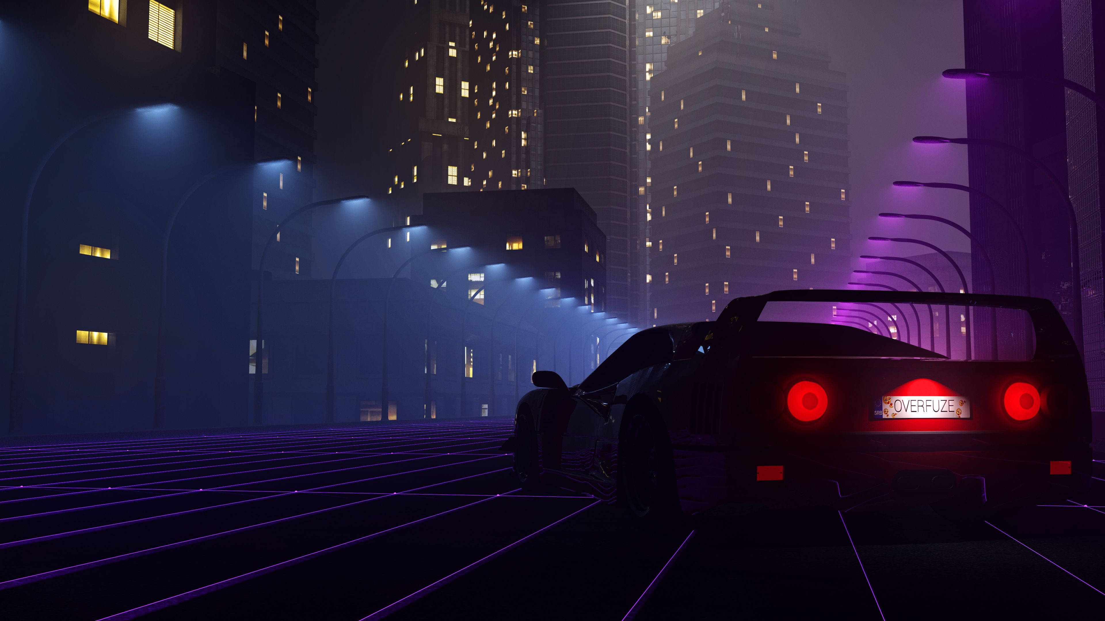 Outrun 桌布 壁紙 — 一輛時尚的黑色跑車，帶有發光的紅色尾燈，停在未來城市景觀中霧氣瀰漫的夜空下，一條霓虹燈照亮的網格街道上。