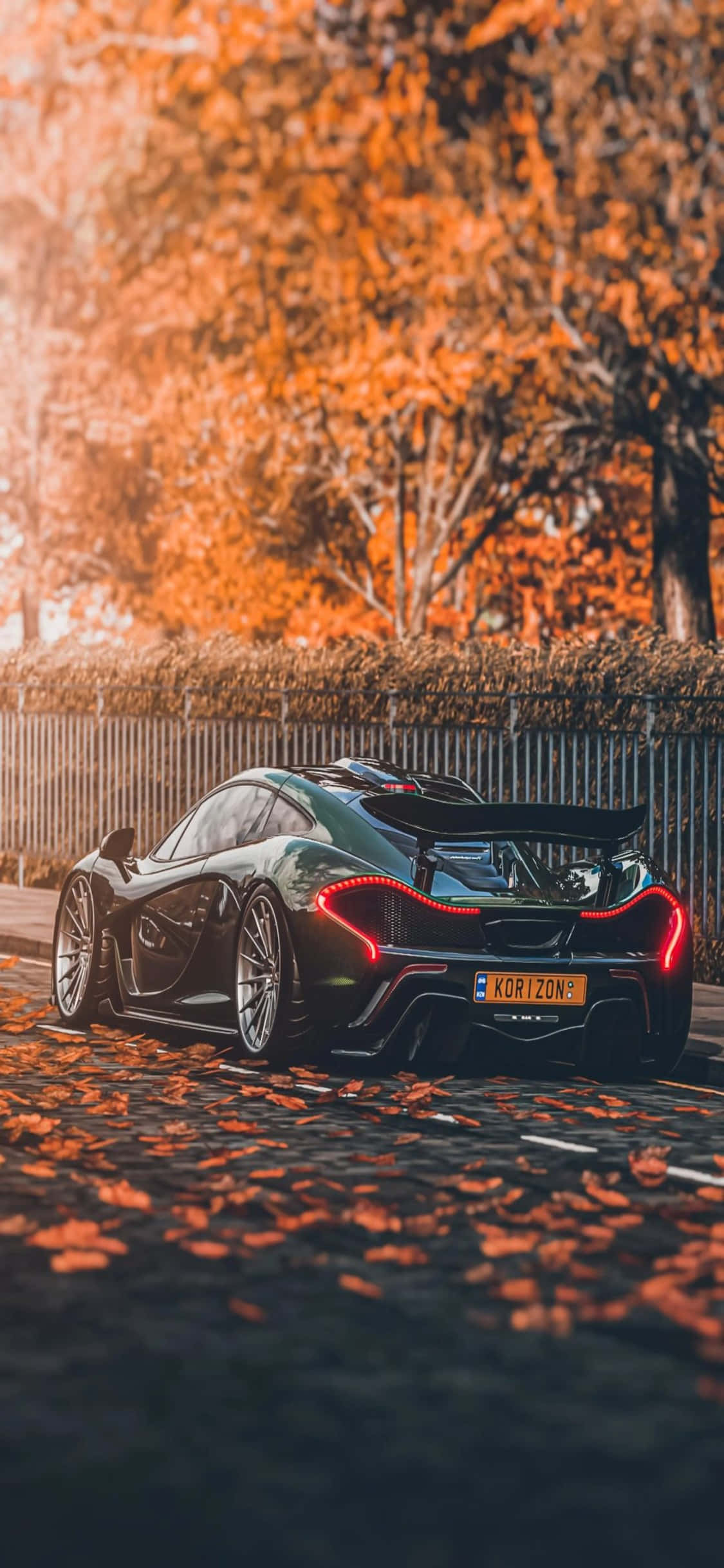 Black Car 桌布 壁紙 — 一輛時尚的黑色跑車，帶有發光的紅色尾燈，停在落葉滿地的道路上，上方是鮮豔的橙色秋樹。