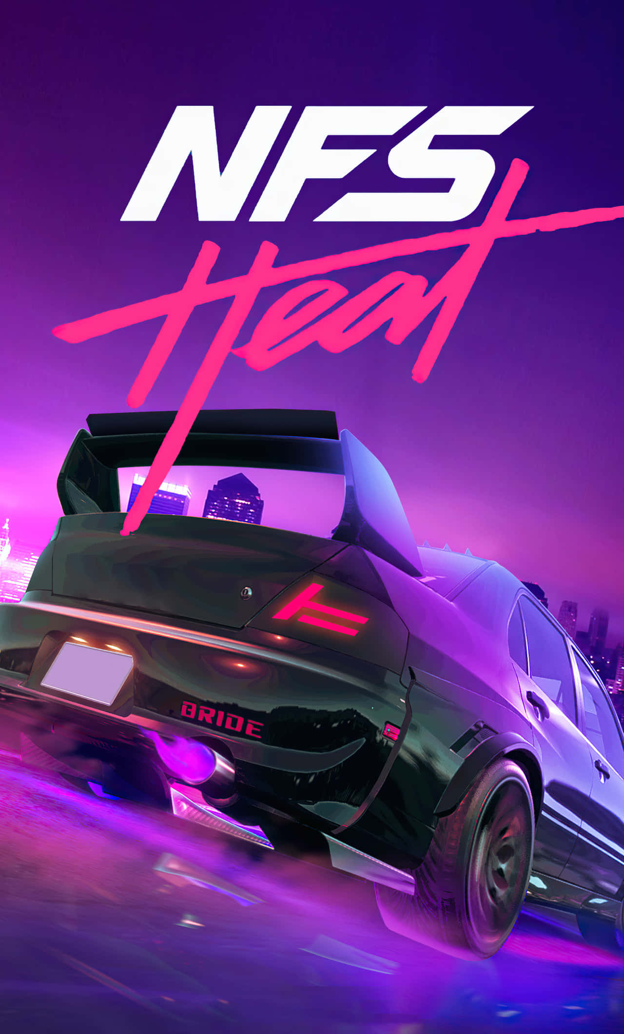games 桌布 壁紙 — 一輛時尚的黑色跑車，帶有發光的紫色排氣管和「BRIDE」品牌，在充滿活力的紫色天空下，穿過霓虹燈閃爍的城市景觀飛馳。
