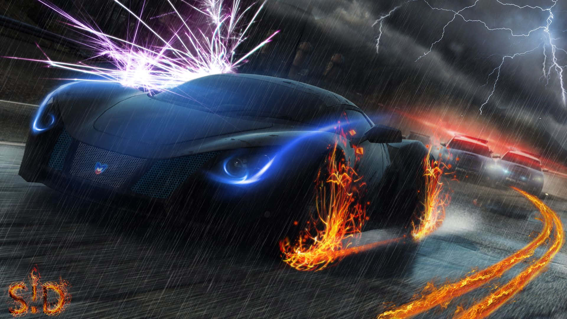 Best Need For Speed 桌布 壁紙 — 一輛時尚的黑色跑車，帶有發光的藍色車頭燈，在暴風雨的夜晚街道上疾馳，留下熾熱的橙色輪胎痕跡，同時閃電在頭頂劃過。