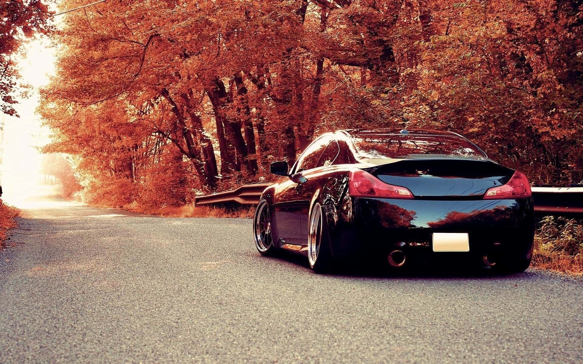 Infiniti G35 桌布 壁紙 — 一輛時尚的黑色跑車停在蜿蜒的道路上，兩旁是火紅的橙色秋樹，沐浴在溫暖的金色夕陽下。