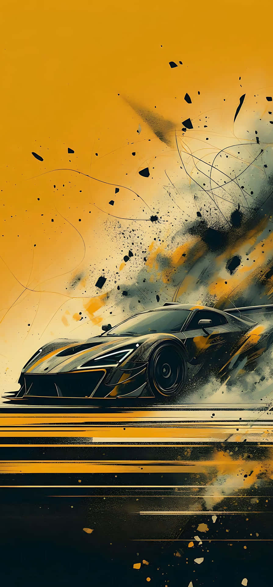 Car Arte 04 壁紙 — 一輛時尚的黑色跑車在充滿活力的橙色背景上向前奔馳，帶有動態的黑色潑濺效果。