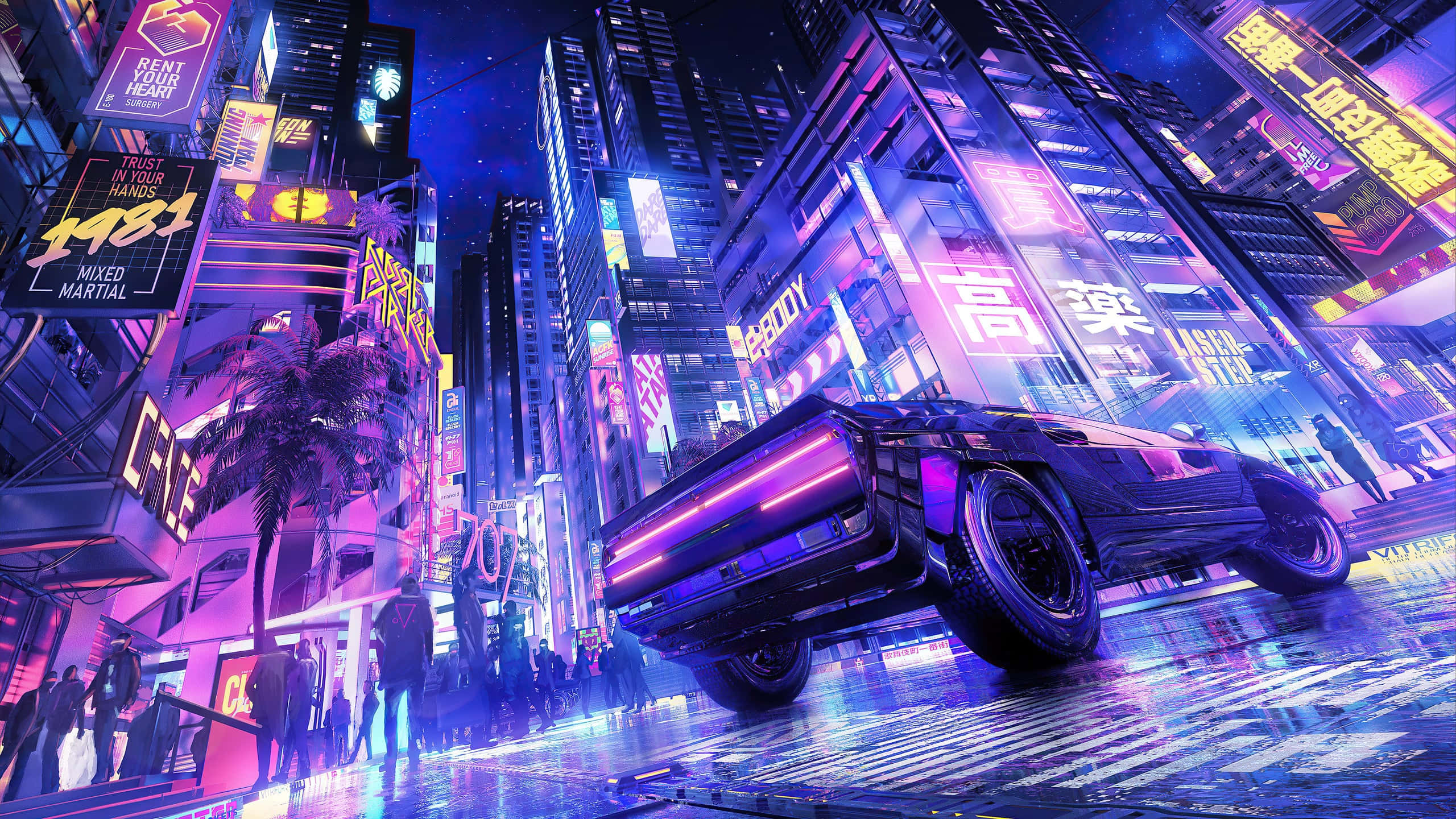 桌布 壁紙 — 一輛時尚的黑色跑車在夜晚穿過雨水浸濕、霓虹閃爍的賽博朋克城市景觀，周圍是高聳的摩天大樓和發光的廣告牌。