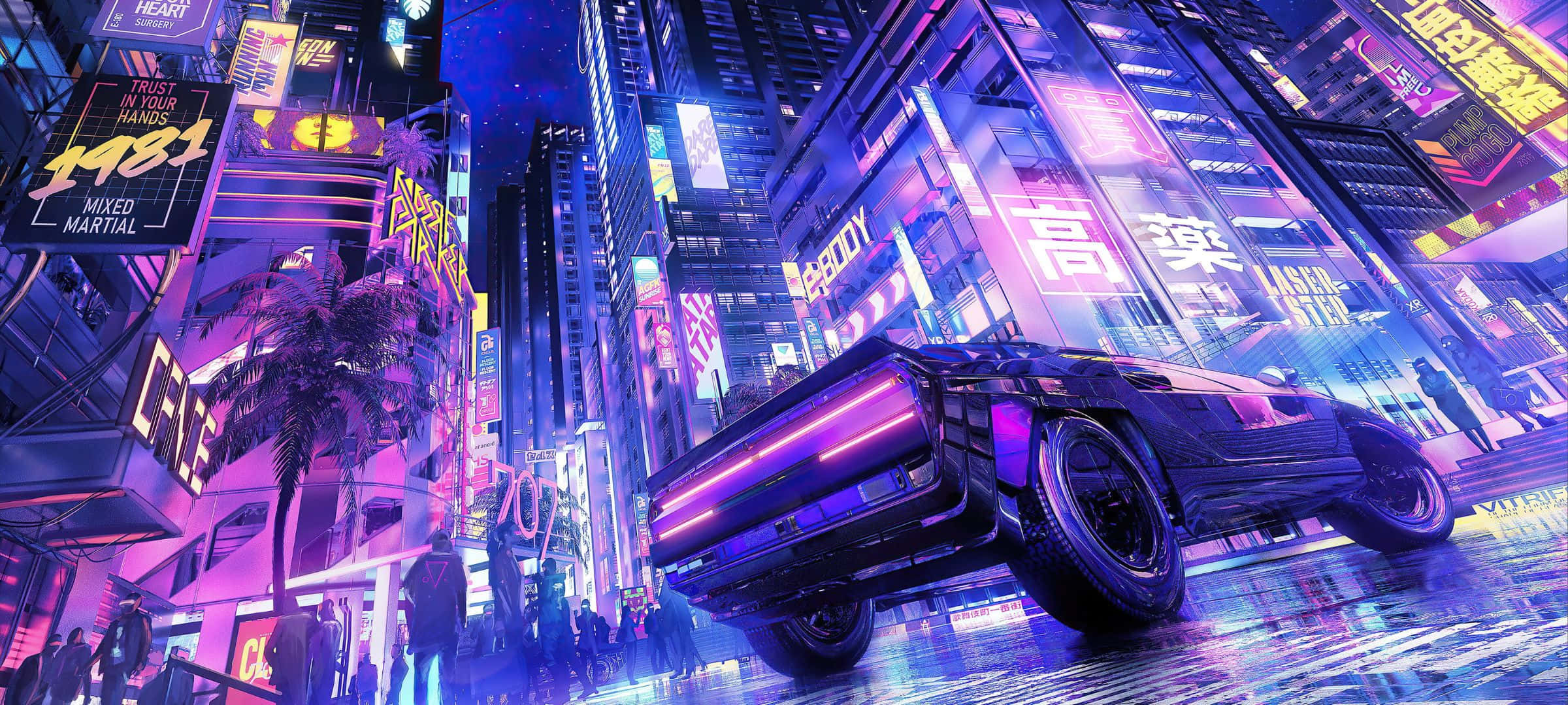 2400x1080 桌布 壁紙 — 一輛時尚的黑色跑車在夜間滑過被雨水浸透、霓虹燈閃爍的賽博龐克城市景觀，周圍是高聳的廣告牌和發光的標誌。