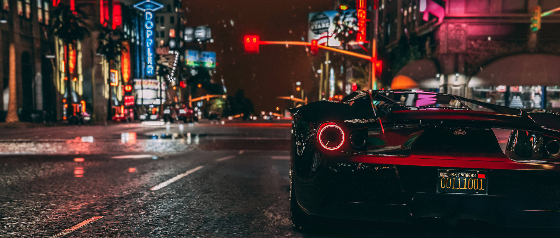 黑色跑車在雨夜的城市街道上閃爍著紅色尾燈。 — GTA 5 動圖 壁紙