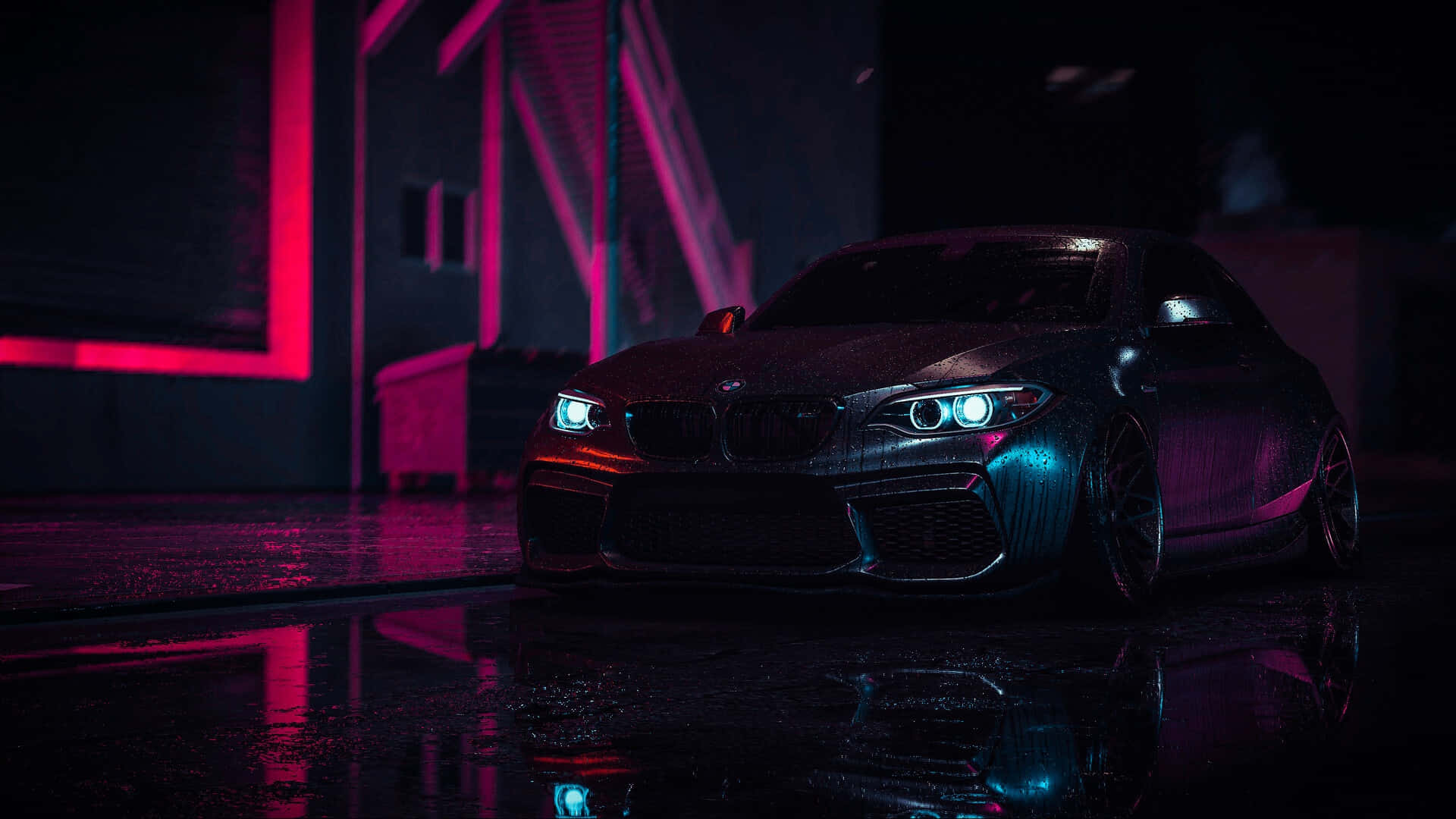 1920x1080 Bmw 桌布 壁紙 — 一輛時尚的黑色跑車在夜間濕漉漉的城市街道上，在霓虹粉紅和藍色燈光下閃耀。