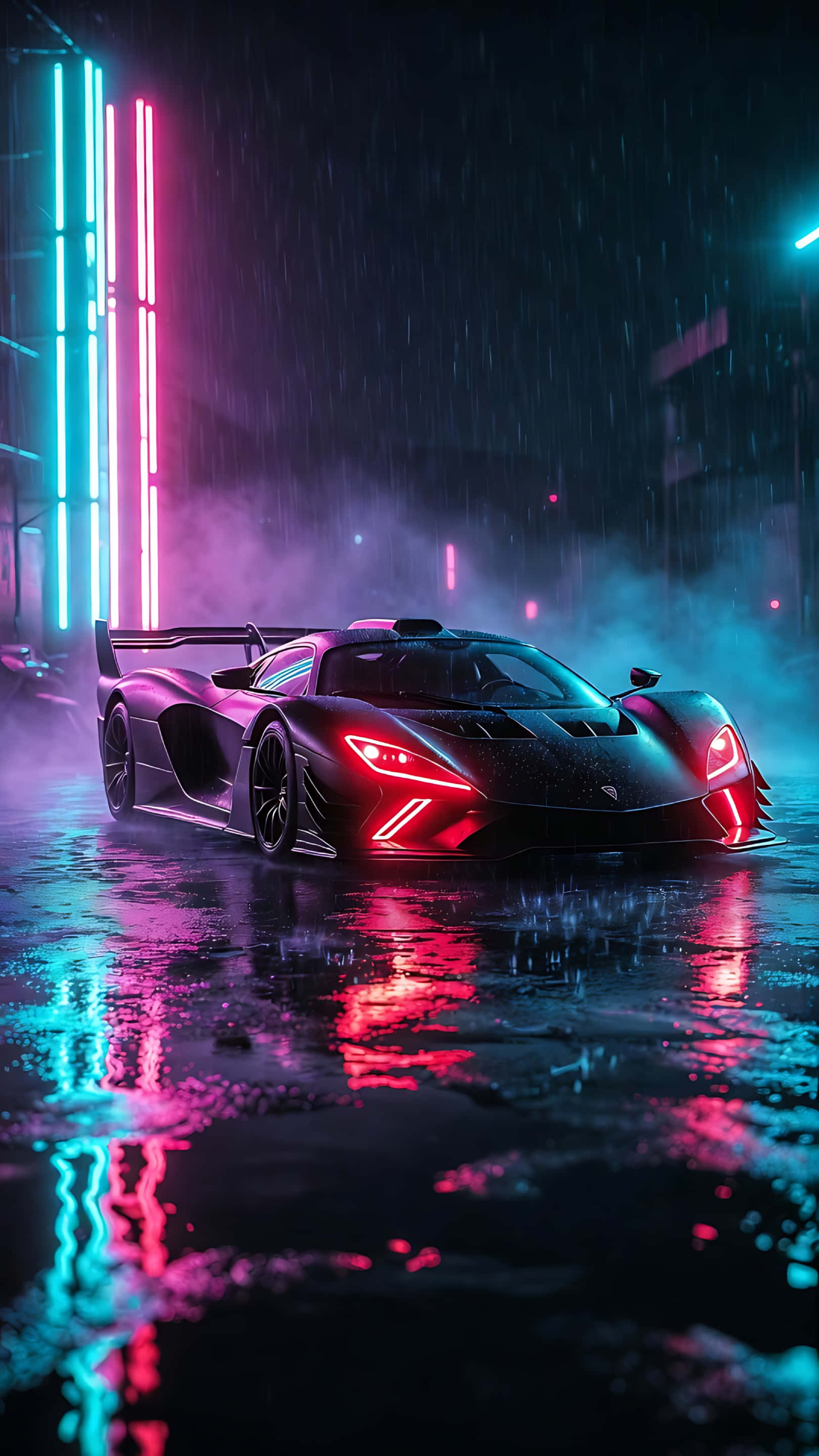 Doors 桌布 壁紙 — 一輛時尚的黑色跑車在夜間霓虹燈下，在雨濕的城市街道上閃耀。