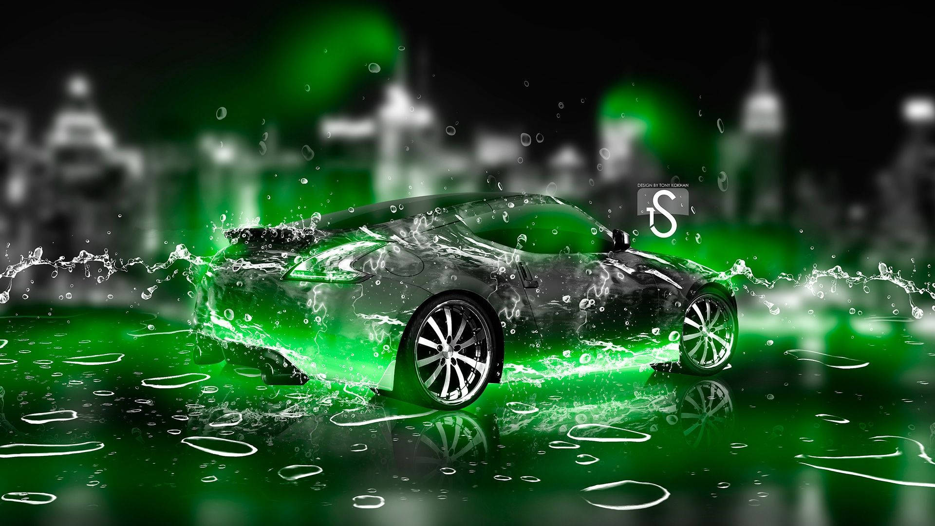 Best Car 桌布 壁紙 — 一輛時尚的黑色跑車在夜間飛馳，濺起螢光綠色的水花，背景是模糊的城市天際線。
