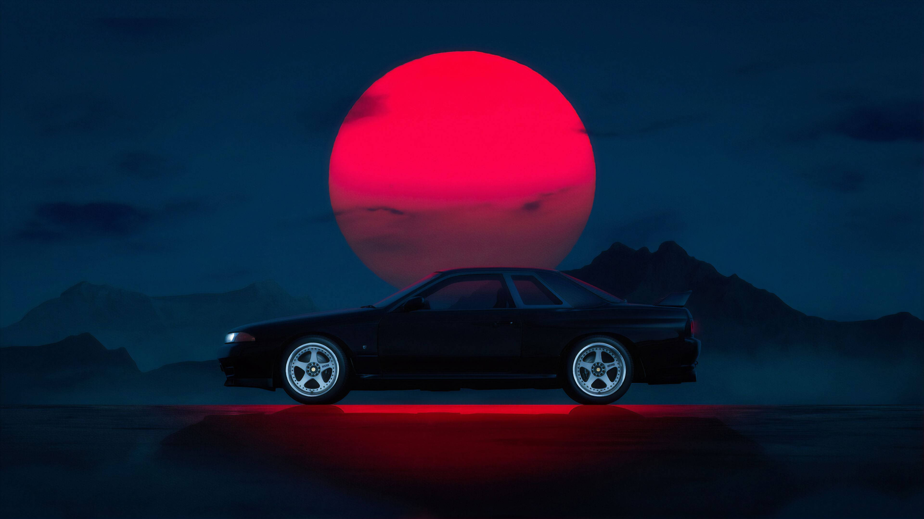 Gtr 桌布 壁紙 — 一輛時尚的黑色跑車在巨大的紅月下發光，背景是黑暗的山巒輪廓。