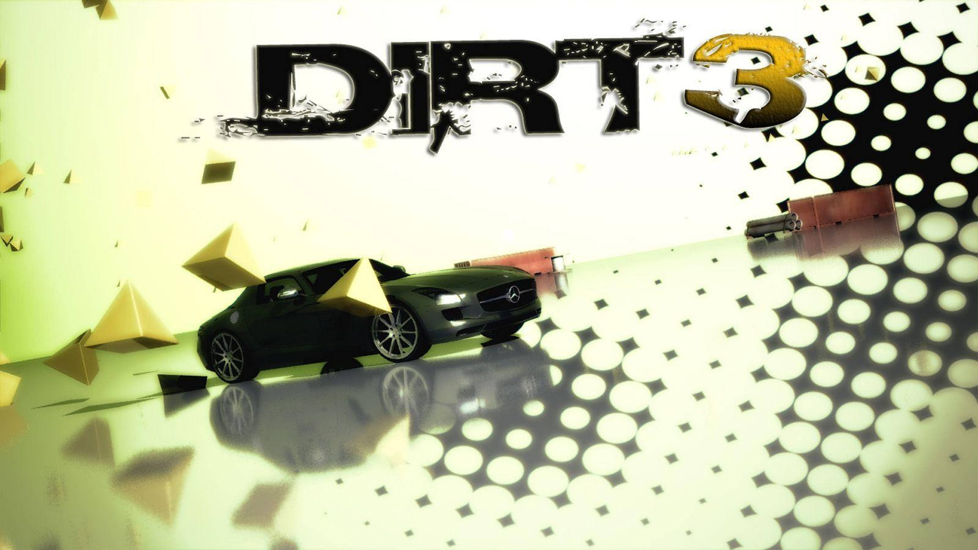 Dirt 3 桌布 壁紙 — 一輛時尚的黑色跑車在帶有幾何形狀和粗體風格文字遊戲標題 DIRT 3 的反射表面上飛馳。