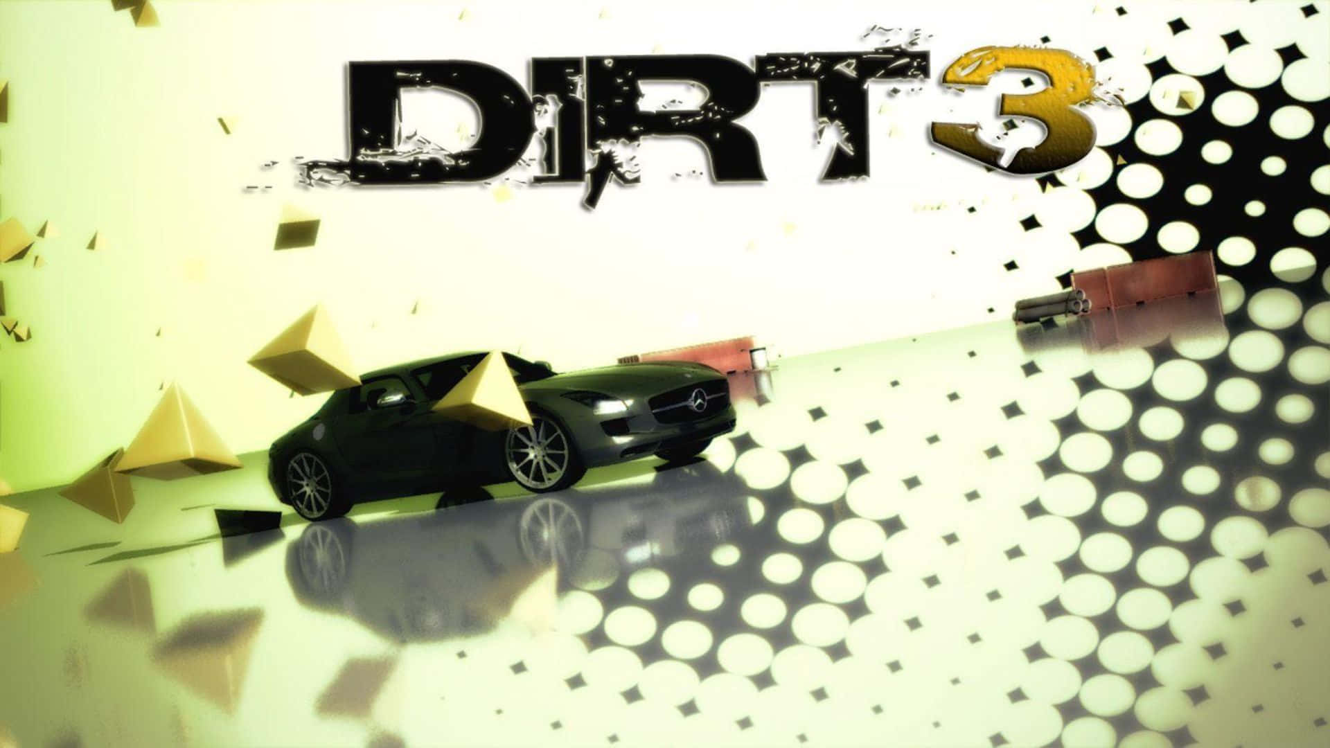 1080p Dirt 3 桌布 壁紙 — 一輛時尚的黑色跑車在帶有幾何形狀和遊戲標題 DIRT 3 的反射表面上疾馳。