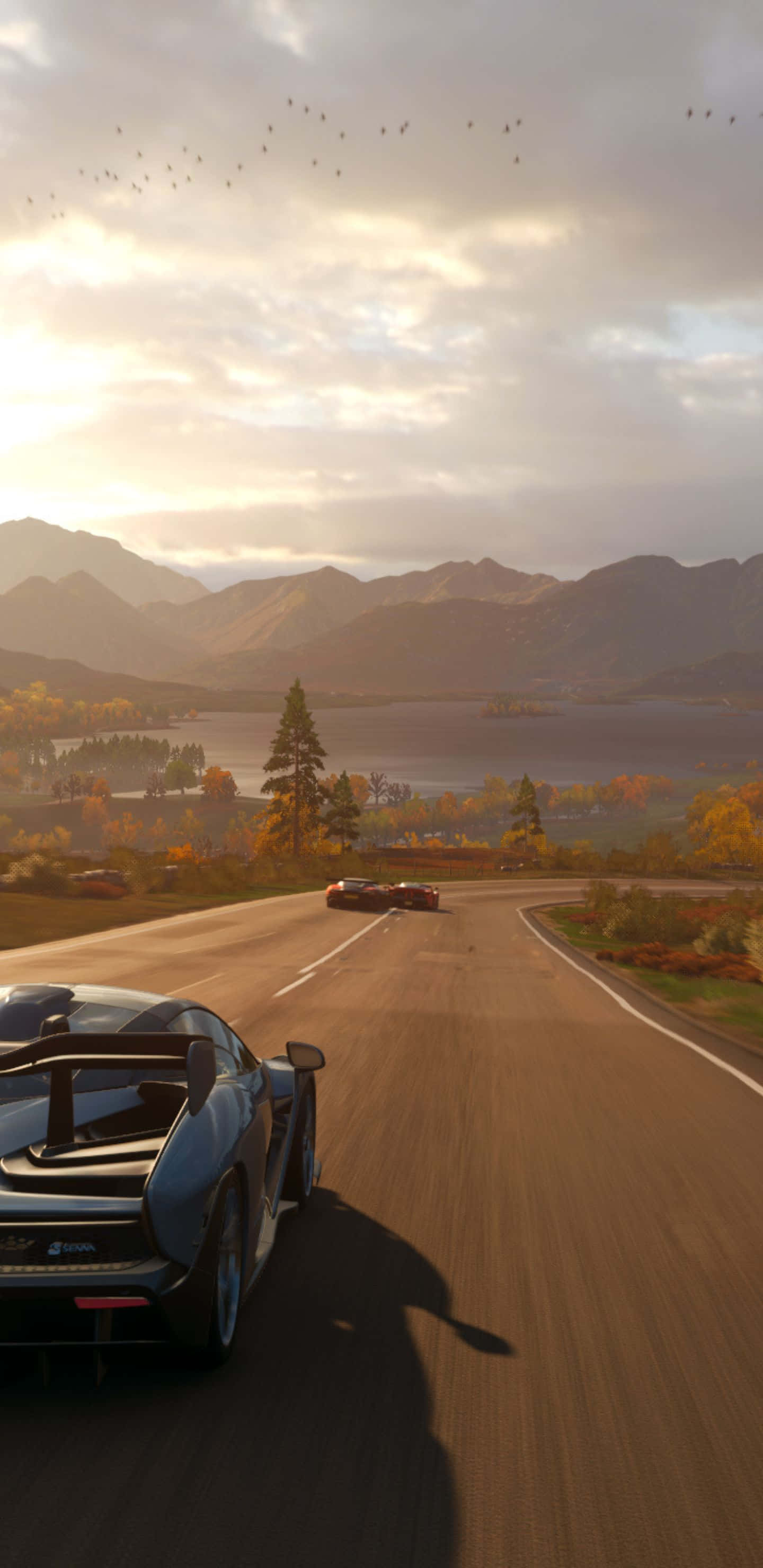 Pixel 3xl Forza Horizon 4 桌布 壁紙 — 一輛時尚的黑色跑車在日落時分沿著蜿蜒的山路飛馳，周圍是秋天的樹木和遠處的山峰，天空多雲。