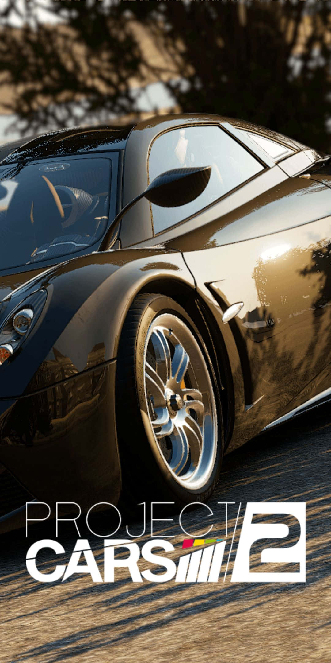 Pixel 3 Project Cars 2 桌布 壁紙 — 一輛時尚的黑色跑車在溫暖的陽光下閃閃發光，樹影在其拋光表面上舞動。