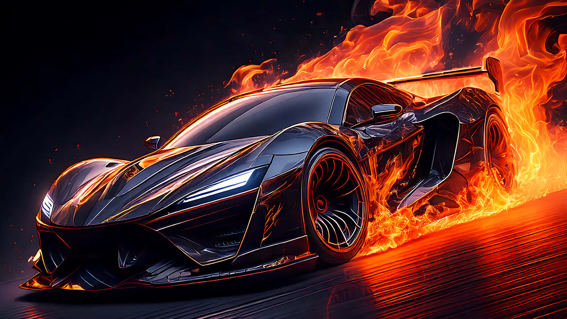 Supercar burnout 壁紙 — 一輛時尚的黑色跑車在漆黑的天空下，於黑暗的道路上疾馳，並爆發出熾熱的橙色火焰。