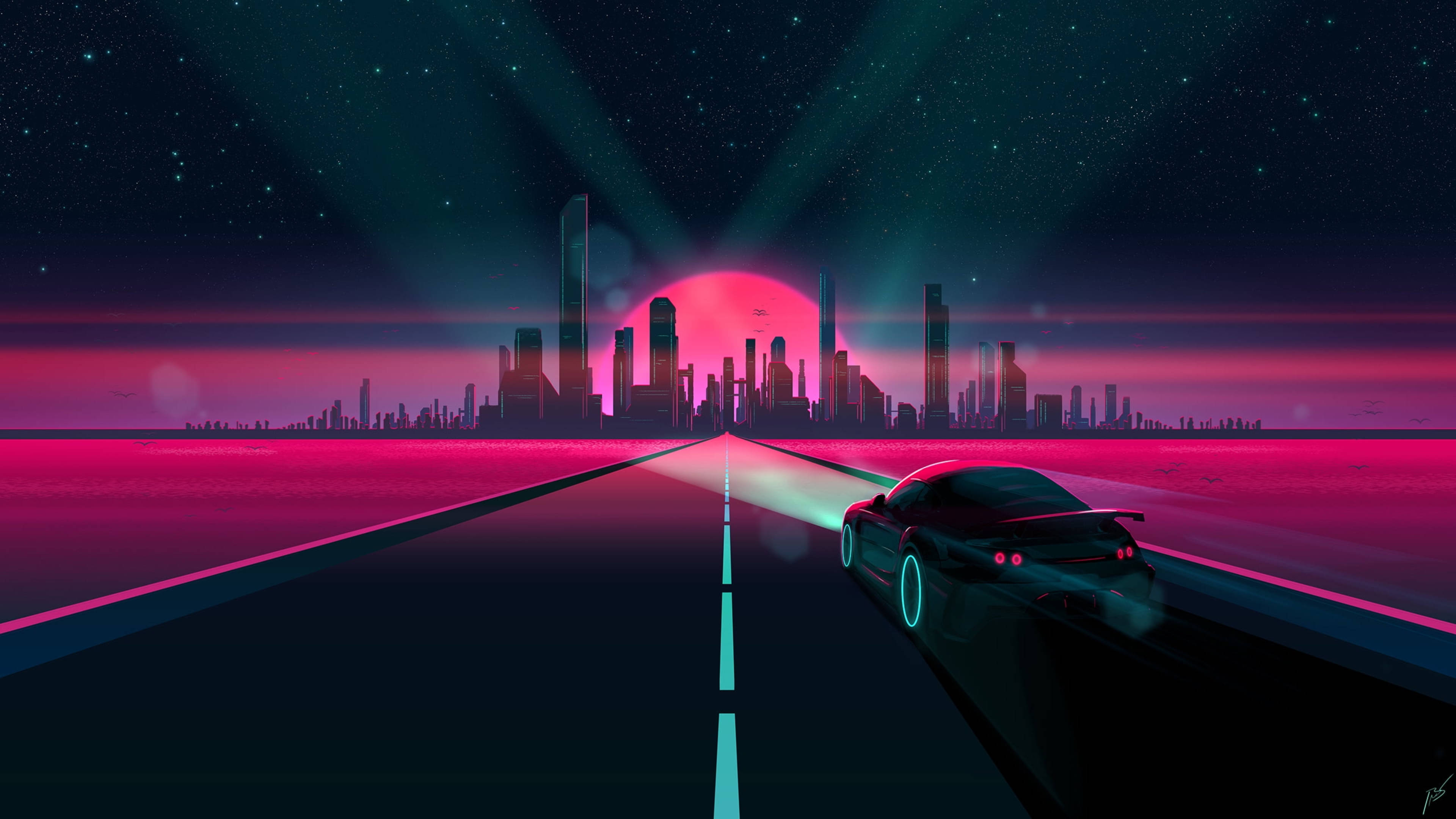 lights 桌布 壁紙 — 一輛時尚的黑色跑車在閃爍的高速公路上疾馳，駛向一個充滿霓虹燈的未來城市，天空佈滿粉紅和青綠色的星星。