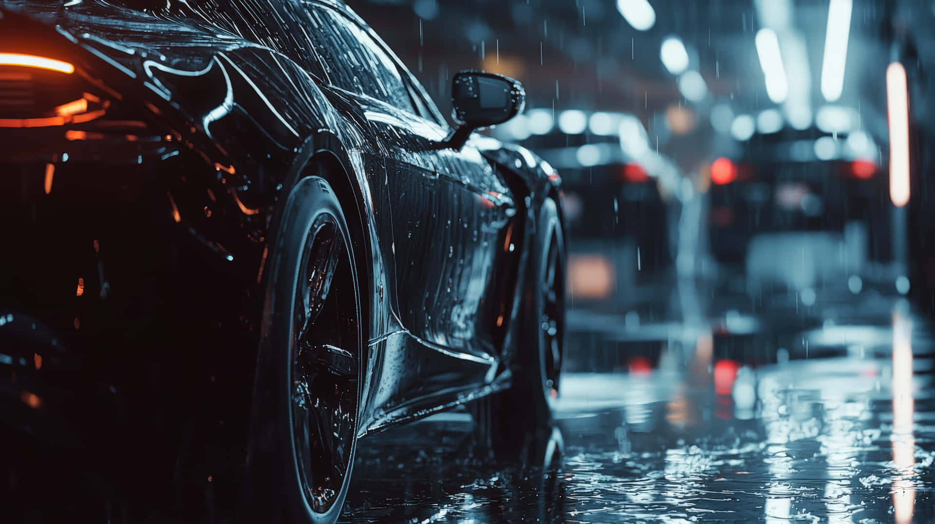 Sleek sports car in a rainy city street at night. 壁紙 — 一輛時尚的黑色跑車在雨中閃閃發光，霓虹燈光在潮濕的路面上反射，城市夜景。