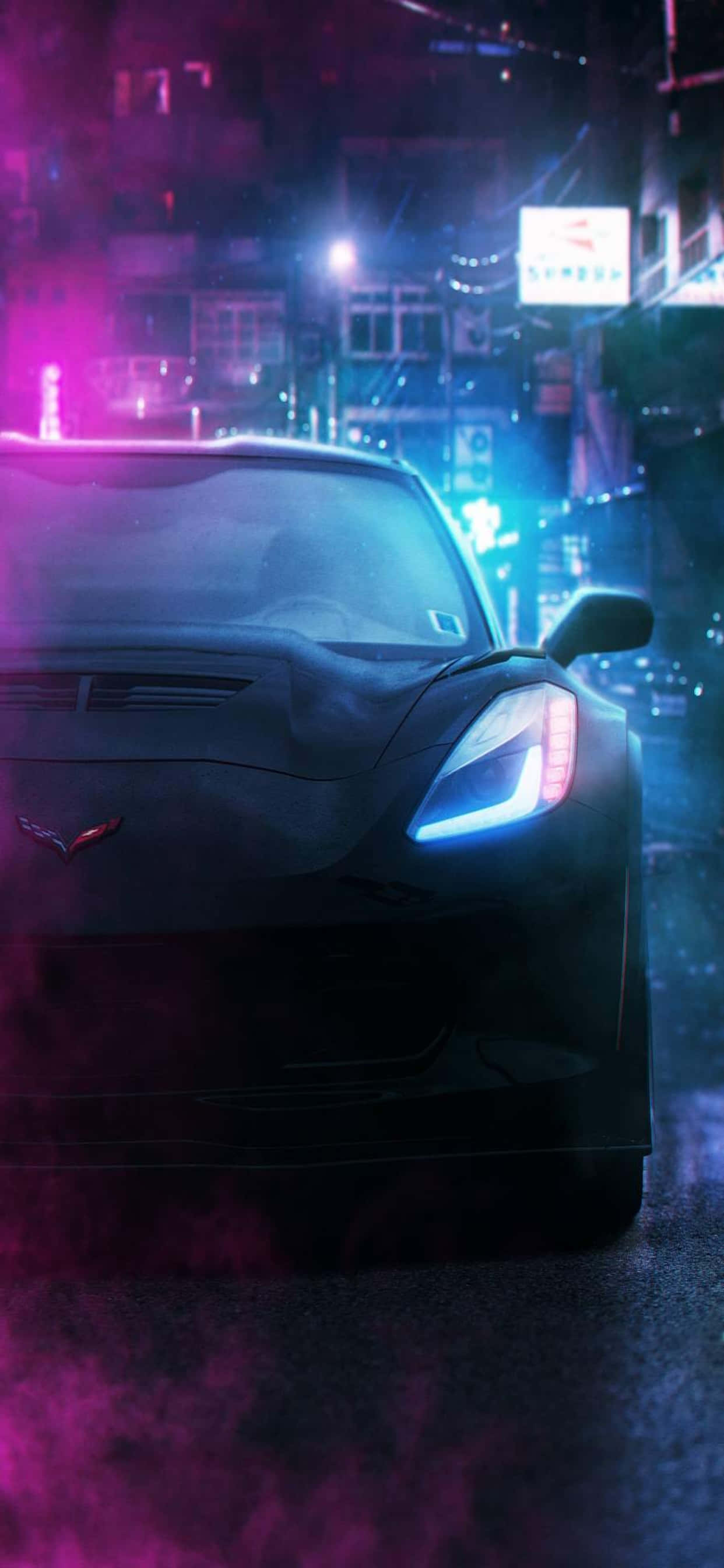 Black Car 桌布 壁紙 — 一輛時尚的黑色跑車在雨夜的賽博朋克城市街道上，在霓虹燈下閃耀。
