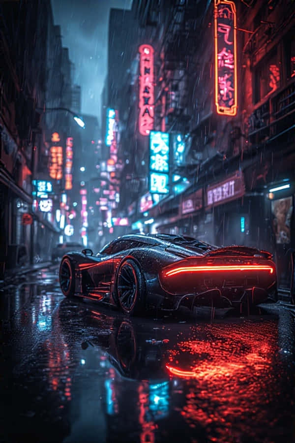 Supercar 桌布 壁紙 — 一輛時尚的黑色跑車在雨濕的霓虹燈城市街道上夜間發出紅色尾燈光芒。