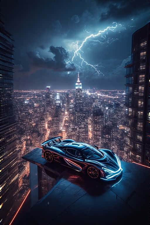 Exotic Hyper car on Neon City Rooftop Dramatic 4K 壁紙 — 一輛時尚的黑色跑車在霓虹燈下閃耀，停在天台上俯瞰被閃電照亮的夜景城市。