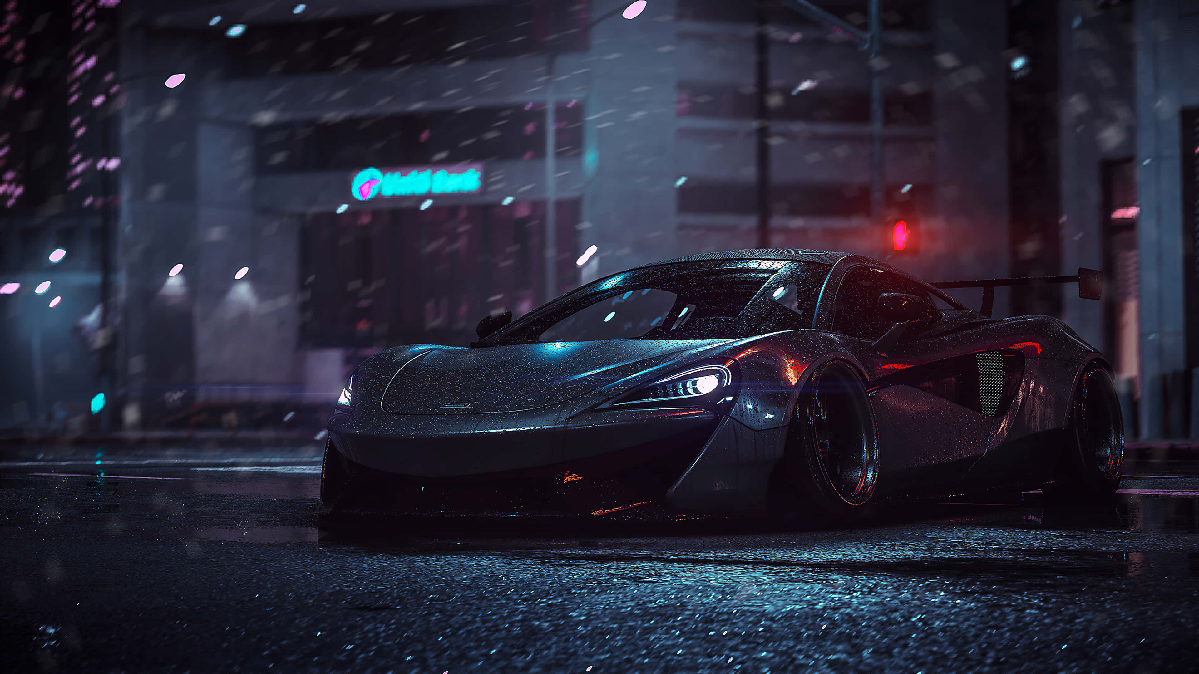 Cool Mclaren 桌布 壁紙 — 一輛時尚的黑色跑車在霓虹燈光和飄雪下滑過被雨水浸濕的城市街道。