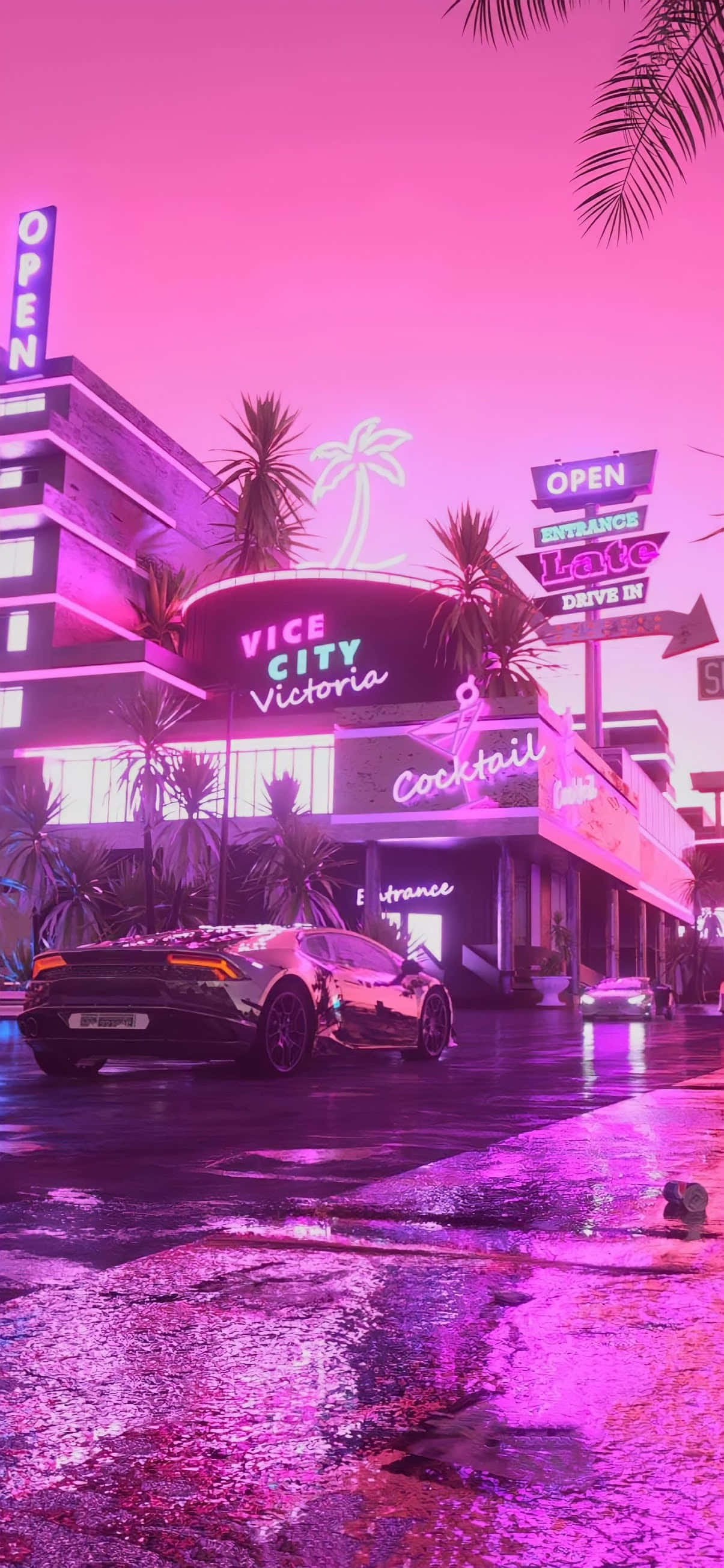 Vaporwave 桌布 壁紙 — 一輛時尚的黑色跑車在霓虹燈閃爍、雨水浸濕的街道上滑行，天空呈現粉紅色暮色，兩旁有棕櫚樹和發光的招牌。