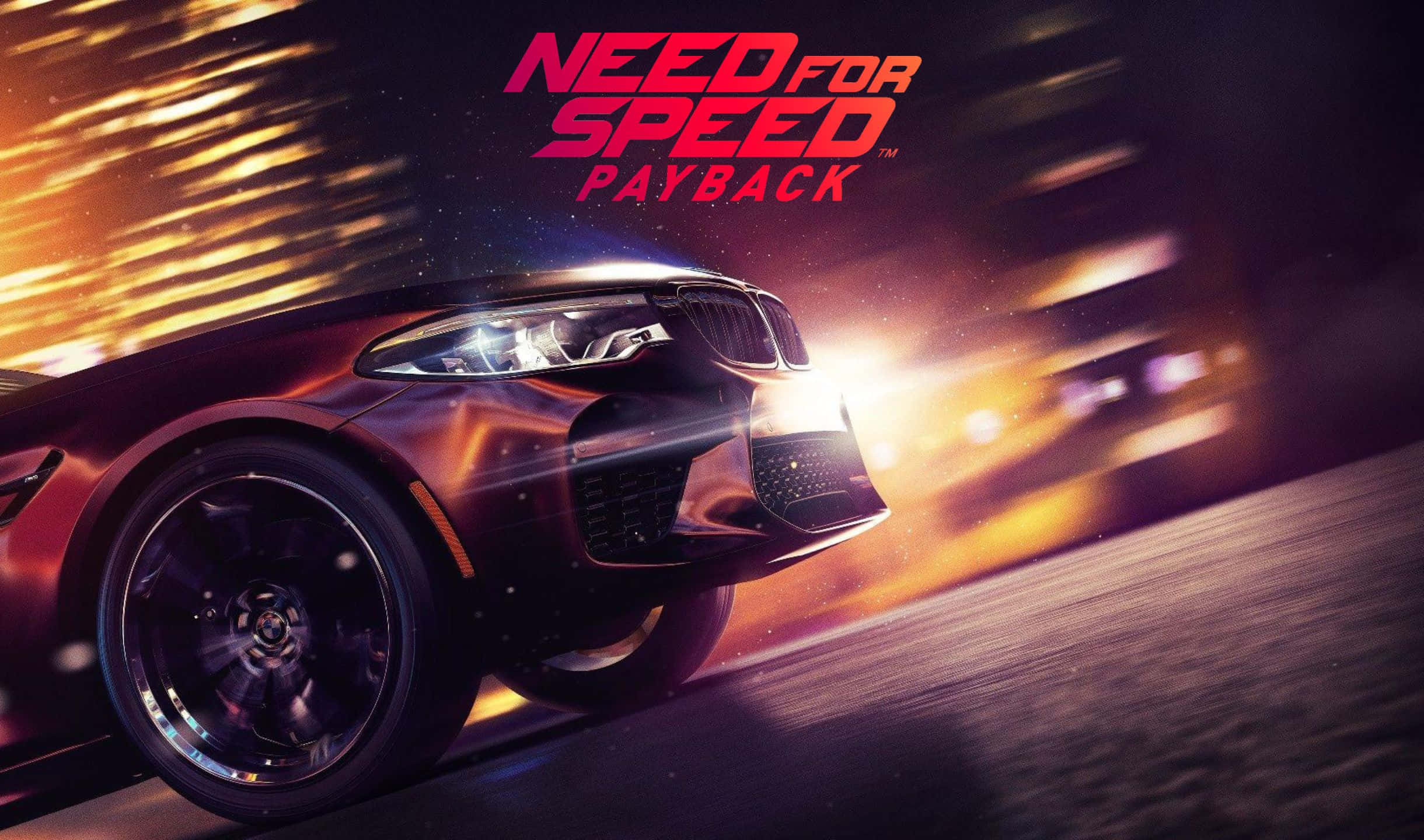 2440x1440 Need For Speed Payback 桌布 壁紙 — 一輛時尚的黑色跑車在霓虹燈閃爍的夜街上疾馳，帶有動態模糊和閃亮的車頭燈。