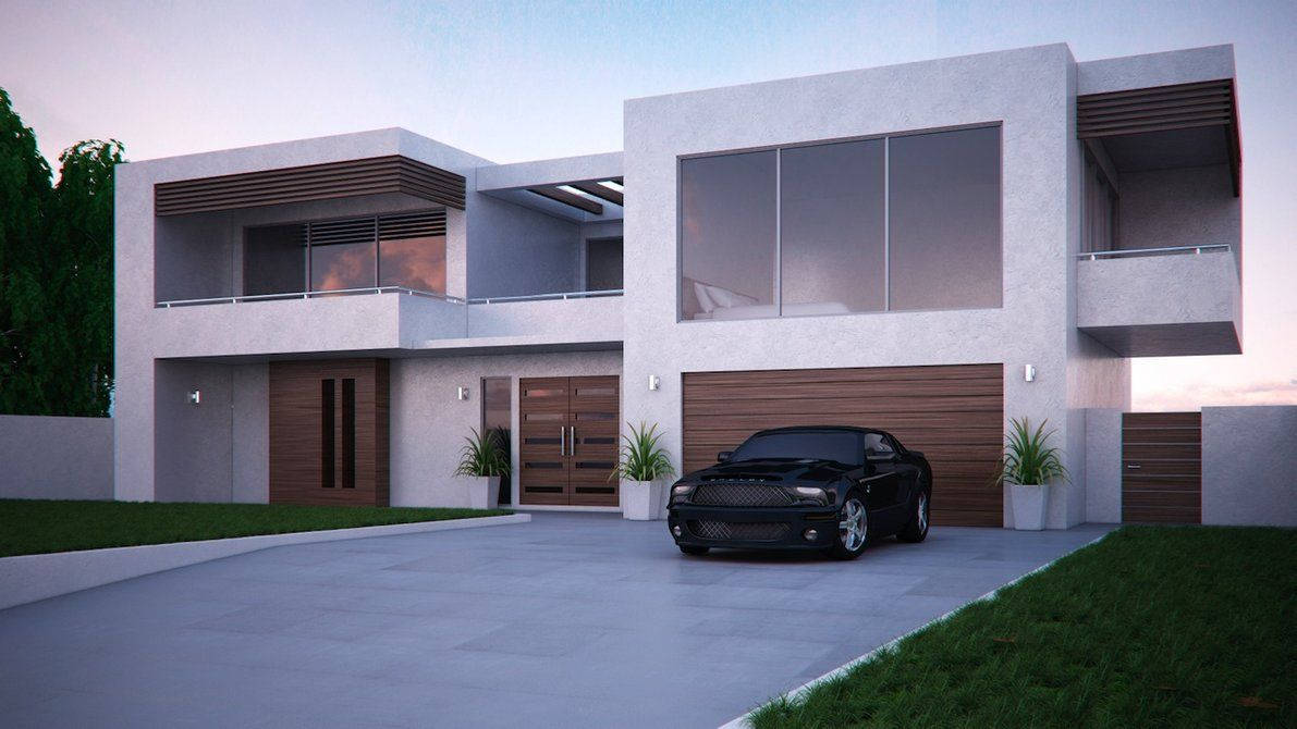 Luxury House 桌布 壁紙 — 一輛時尚的黑色跑車在黃昏時停在一棟帶有木質裝飾的現代簡約混凝土房屋前。
