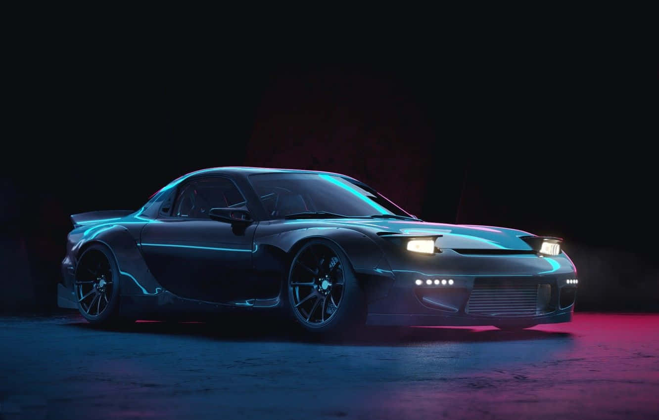 Mazda 桌布 壁紙 — 一輛時尚的黑色跑車在黑暗的城市背景下散發著霓虹藍和粉紅色的光芒。