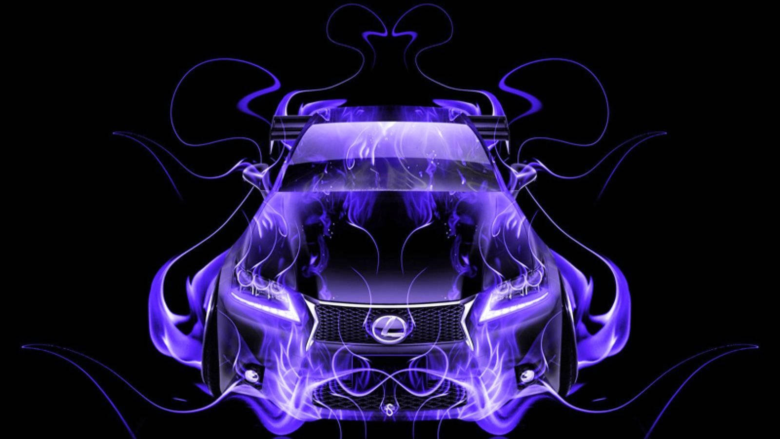 Lexus 標誌 桌布 壁紙 — 一輛時尚的黑色跑車在黑暗背景中被充滿活力的紫色電火焰包圍。