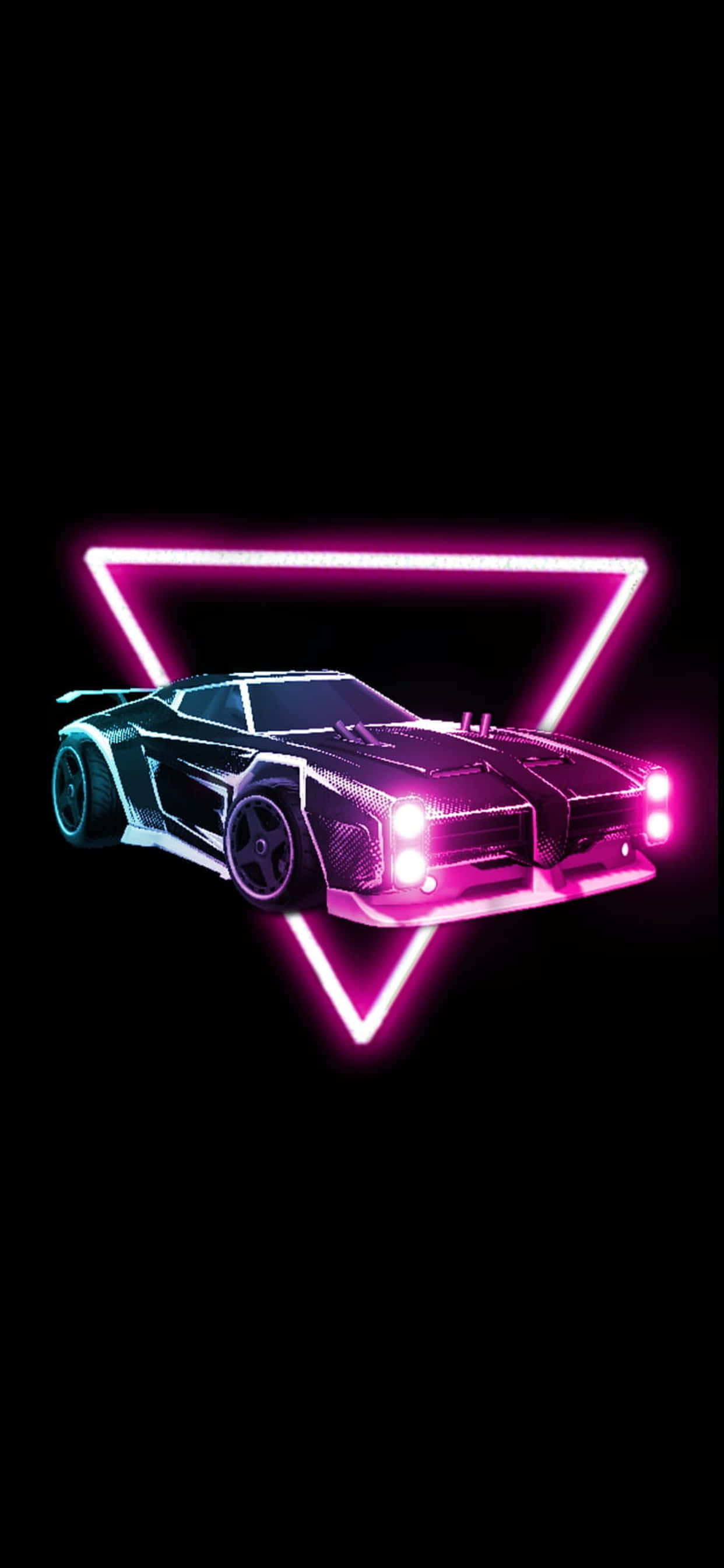 iPhone Xs Max Rocket League 桌布 壁紙 — 一輛時尚的黑色跑車在黑色背景上發光的粉紅色三角形內閃爍著粉紅色的霓虹燈光。